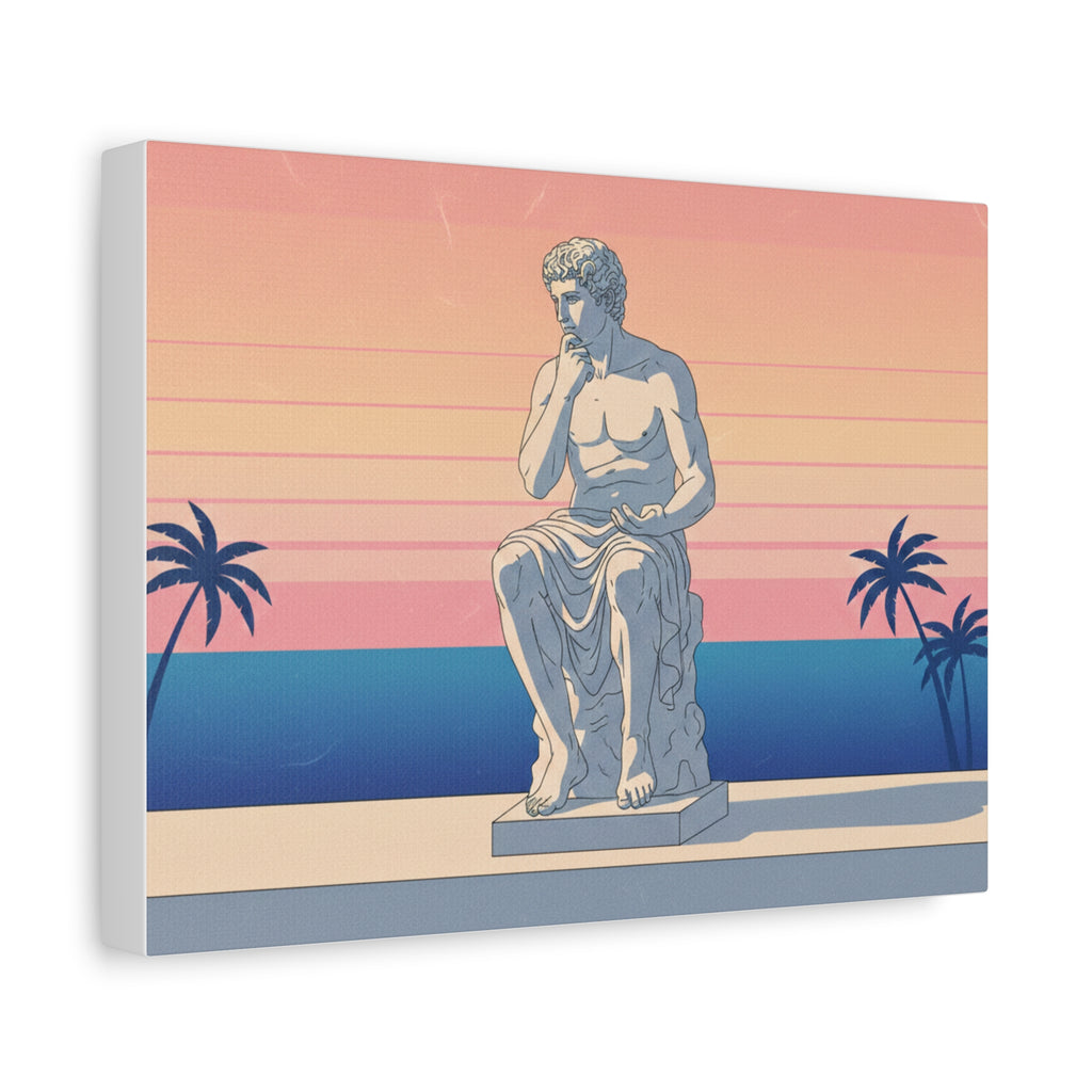 Sunset Statue Canvas Wall Art — Retro Coastal Greek Sculpture Print