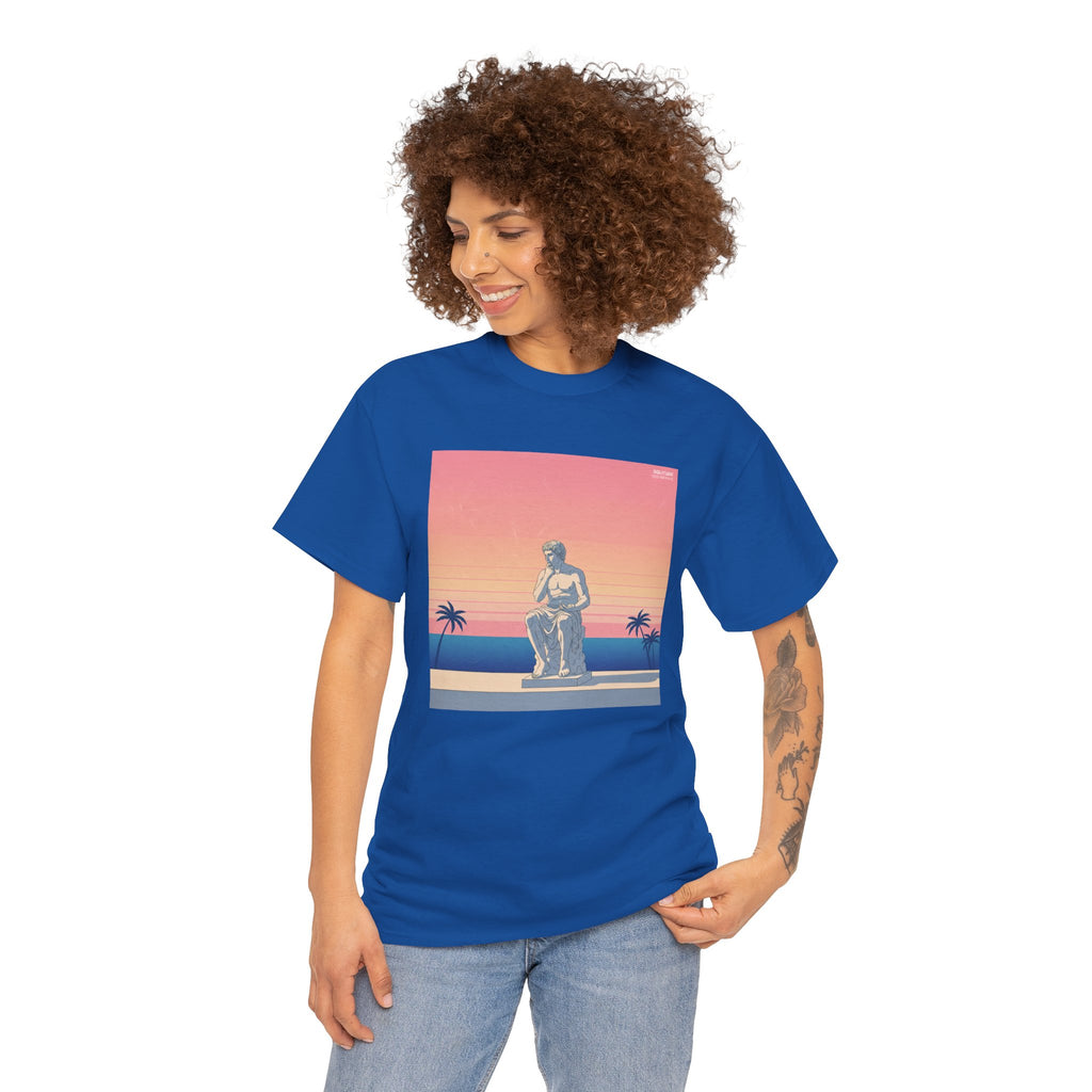 Retro Sunset Statue T-Shirt — Vaporwave Beach Graphic Tee