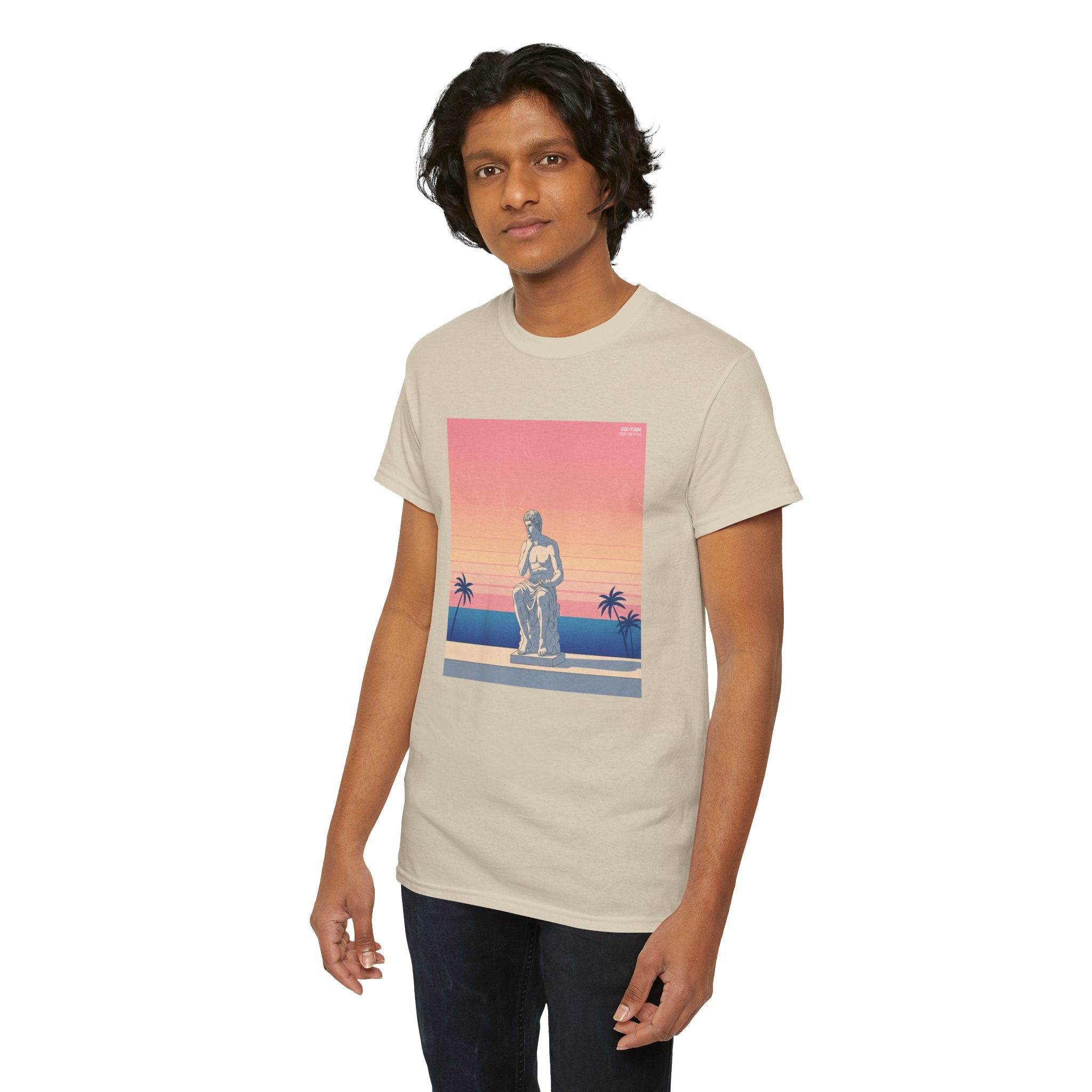 Retro Sunset Statue T-Shirt — Vaporwave Beach Graphic Tee