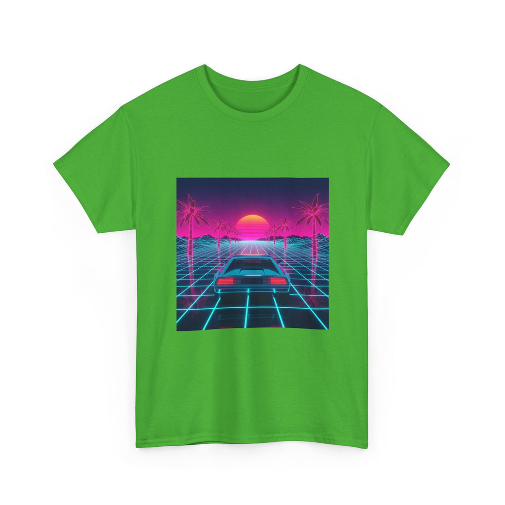 Vaporwave Sunset Drive Tee | Retro 80s Neon Car Grid Palm Trees