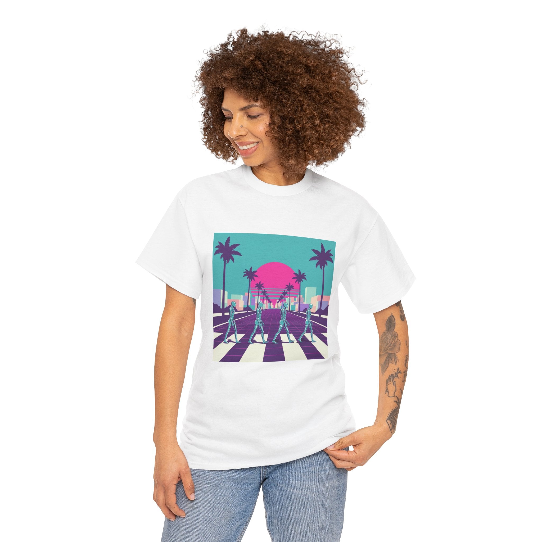 Retro Sunset Beach Tee — Vaporwave Palm Tree Skate Crossing T-Shirt
