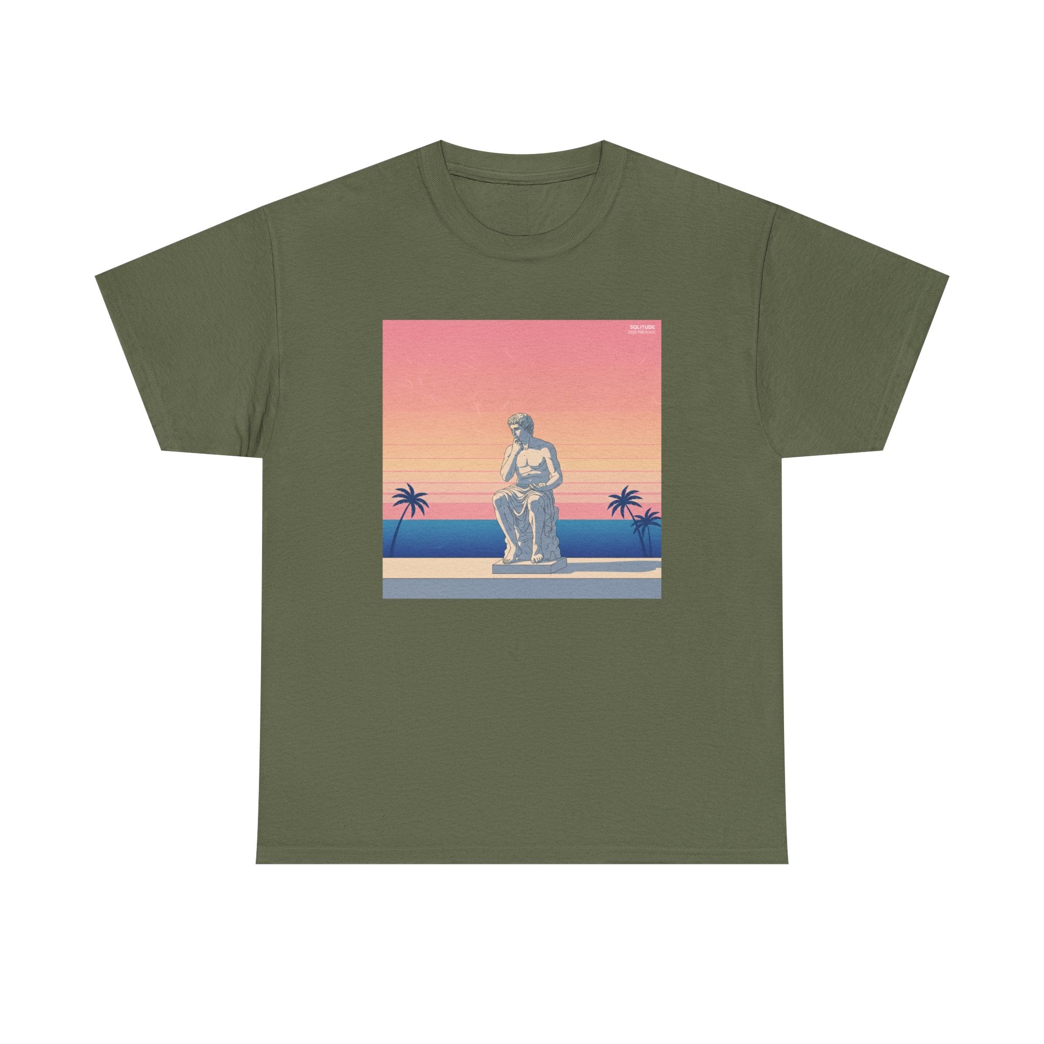 Retro Sunset Statue T-Shirt — Vaporwave Beach Graphic Tee