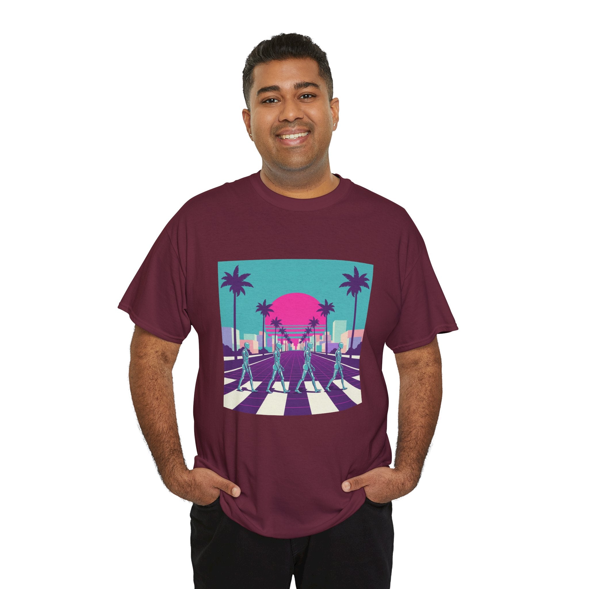 Retro Sunset Beach Tee — Vaporwave Palm Tree Skate Crossing T-Shirt
