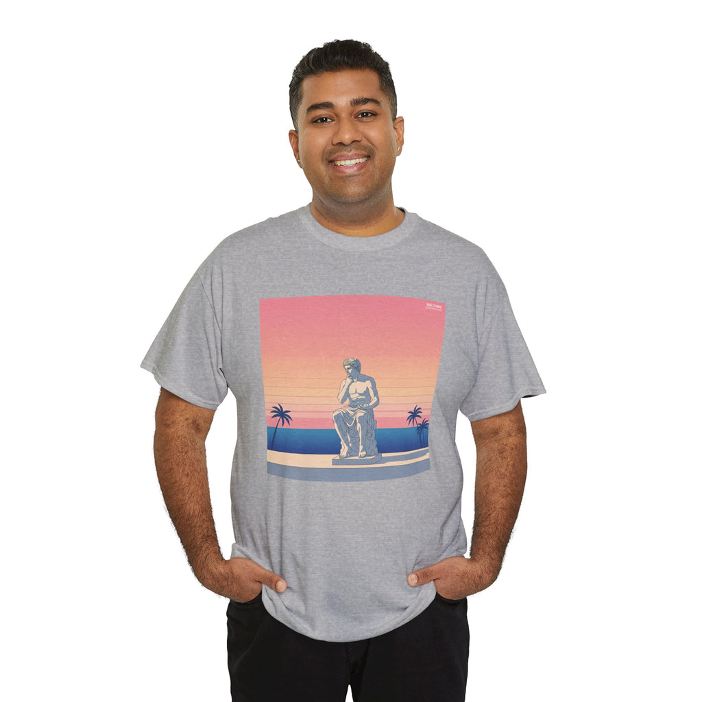 Retro Sunset Statue T-Shirt — Vaporwave Beach Graphic Tee