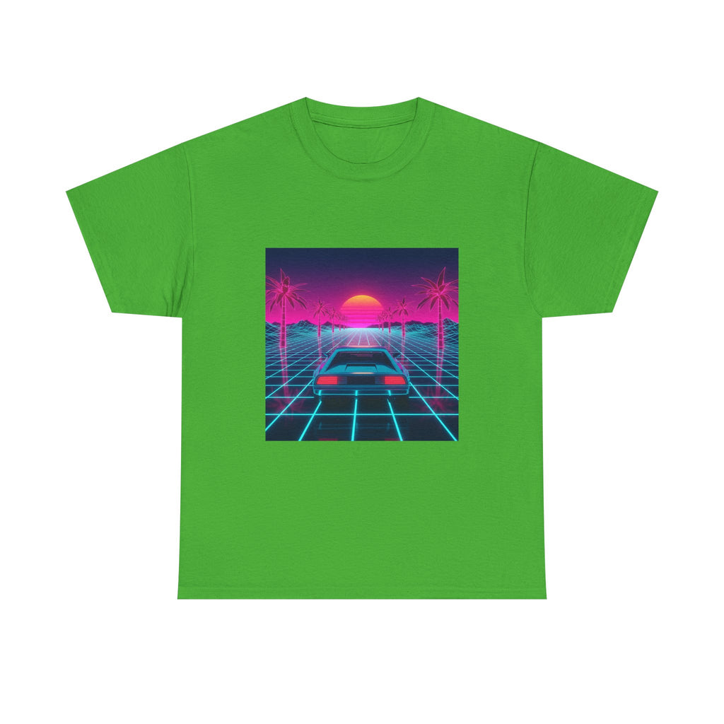 Vaporwave Sunset Drive Tee | Retro 80s Neon Car Grid Palm Trees
