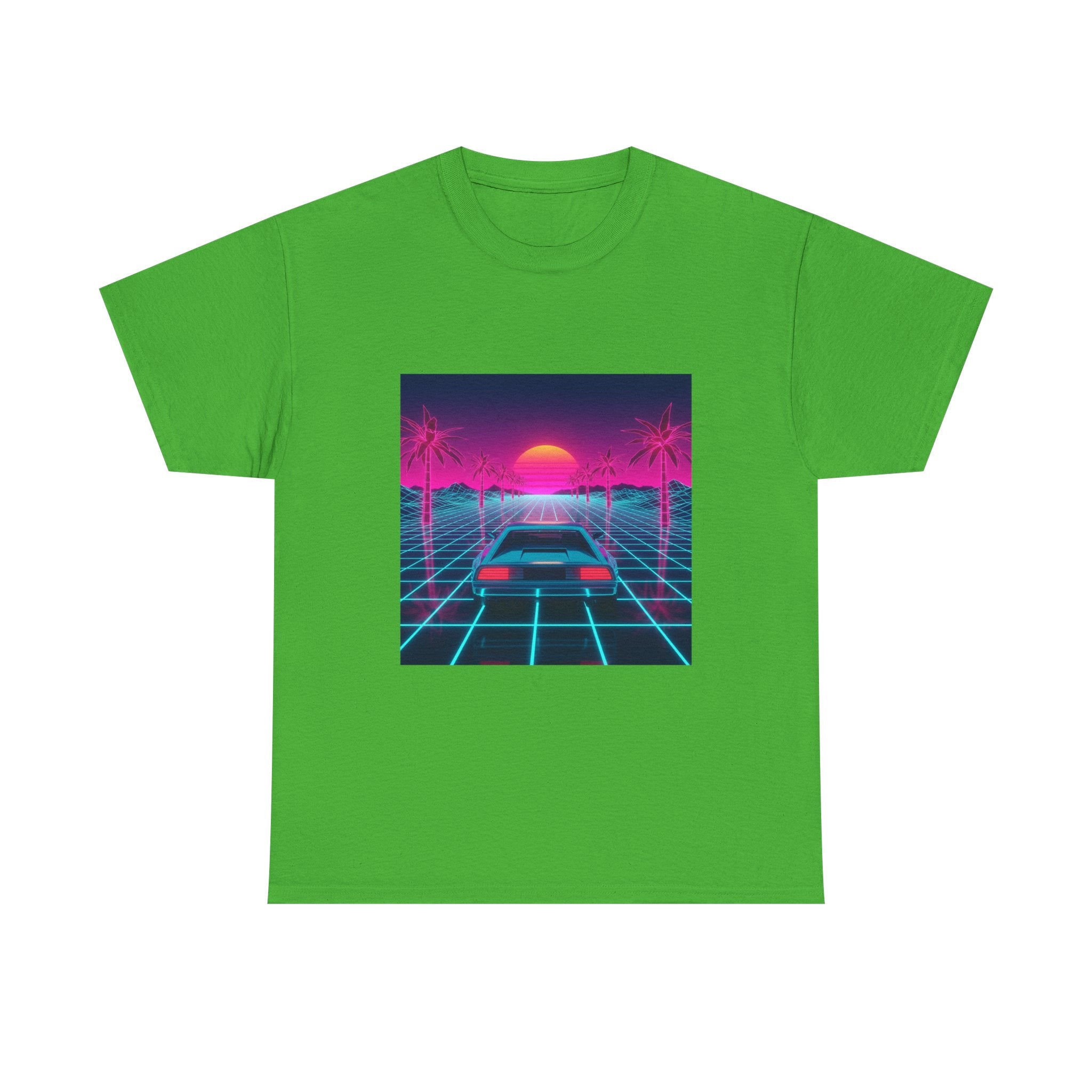 Vaporwave Sunset Drive Tee | Retro 80s Neon Car Grid Palm Trees