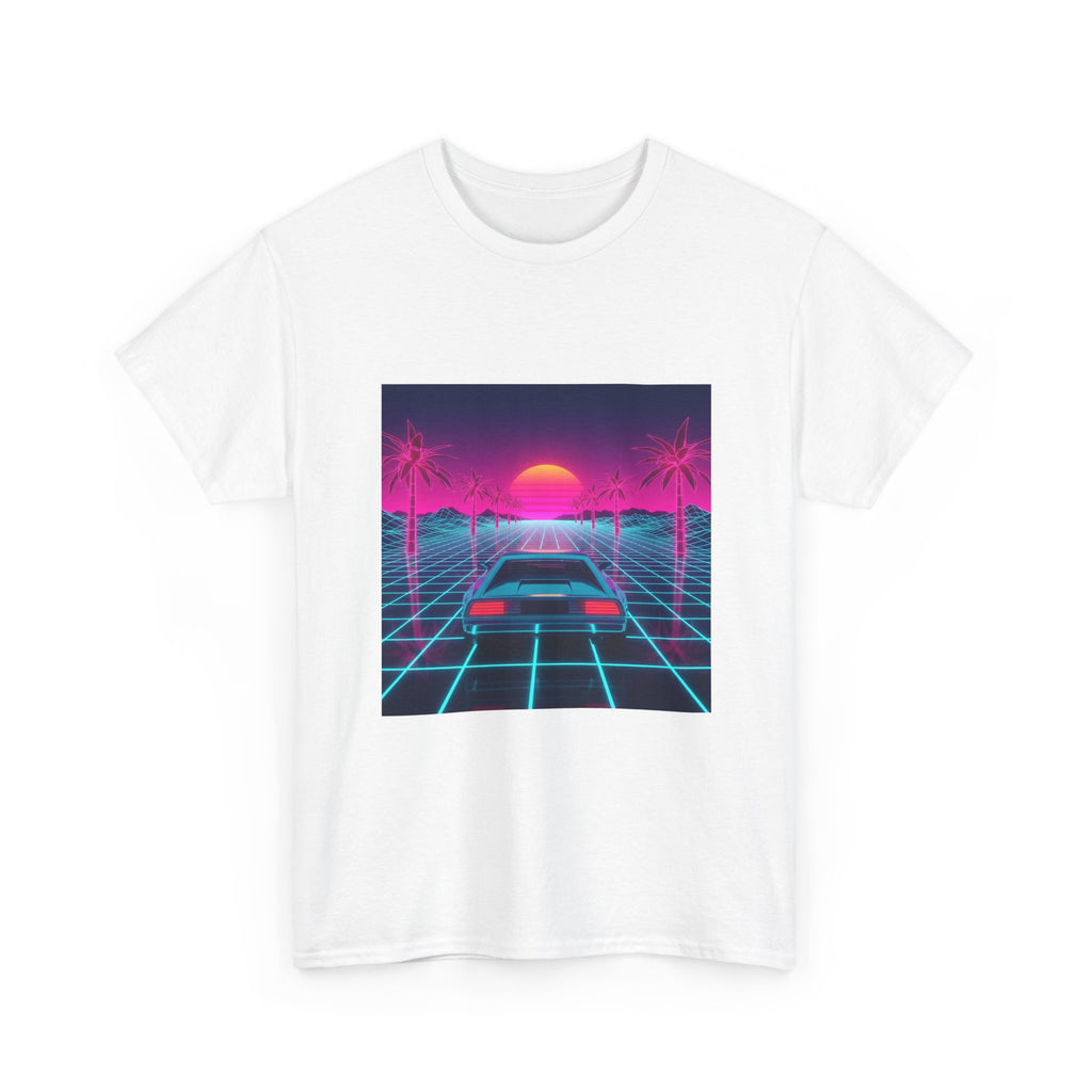 Vaporwave Sunset Drive Tee | Retro 80s Neon Car Grid Palm Trees