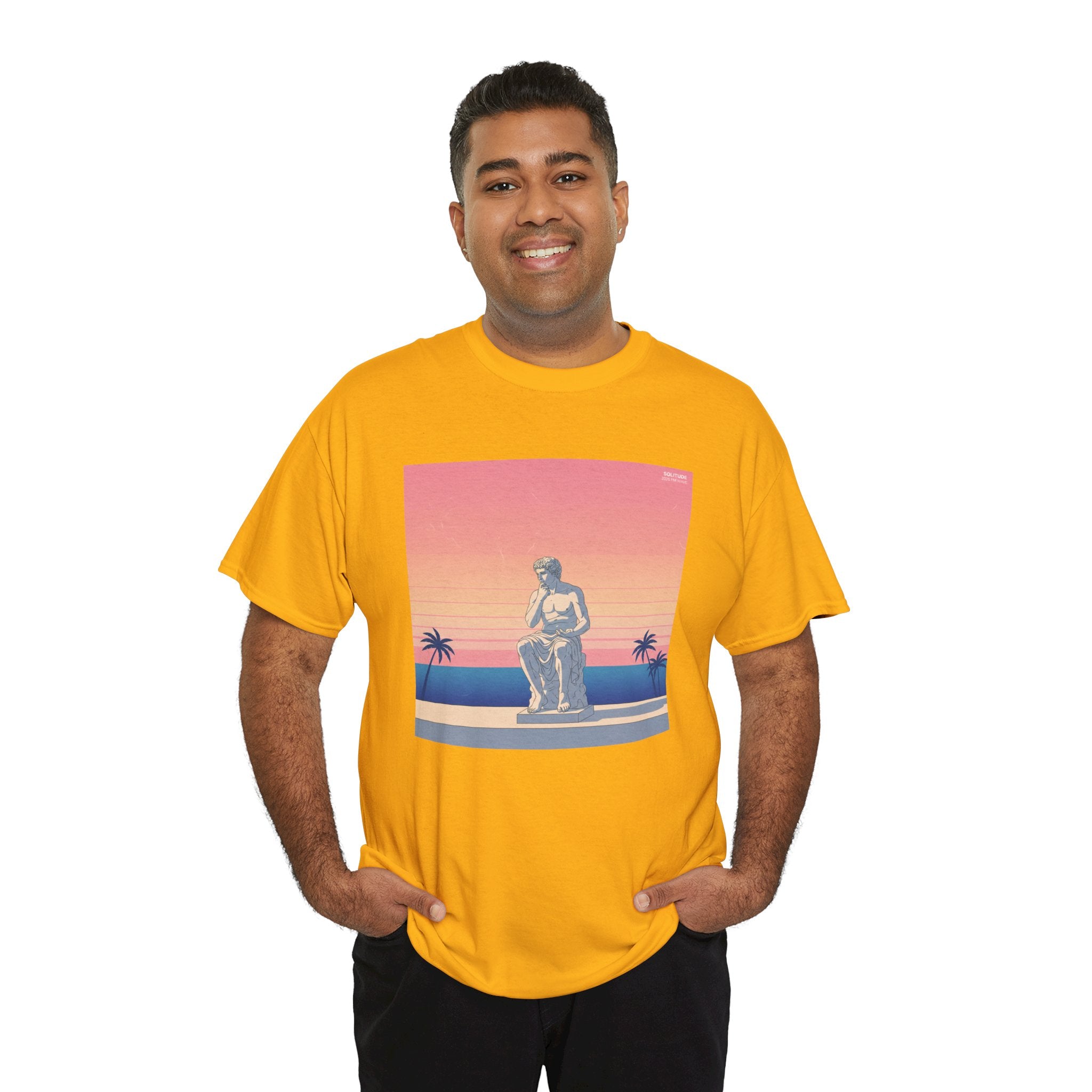 Retro Sunset Statue T-Shirt — Vaporwave Beach Graphic Tee
