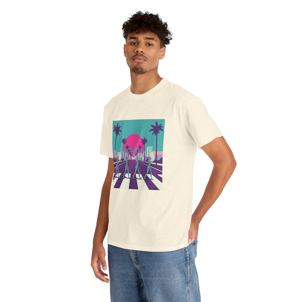 Retro Sunset Beach Tee — Vaporwave Palm Tree Skate Crossing T-Shirt