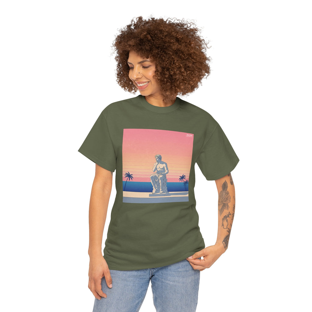 Retro Sunset Statue T-Shirt — Vaporwave Beach Graphic Tee