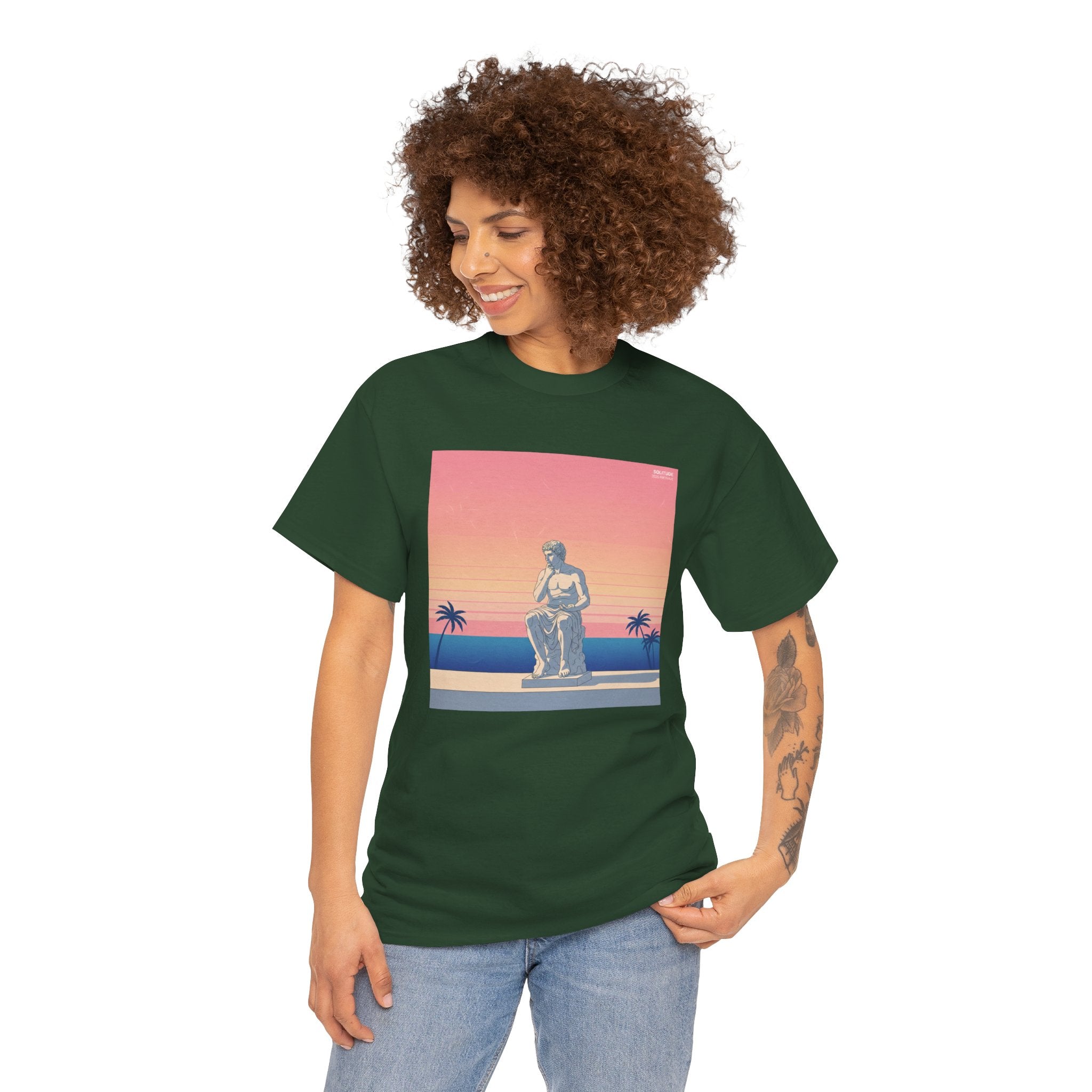 Retro Sunset Statue T-Shirt — Vaporwave Beach Graphic Tee