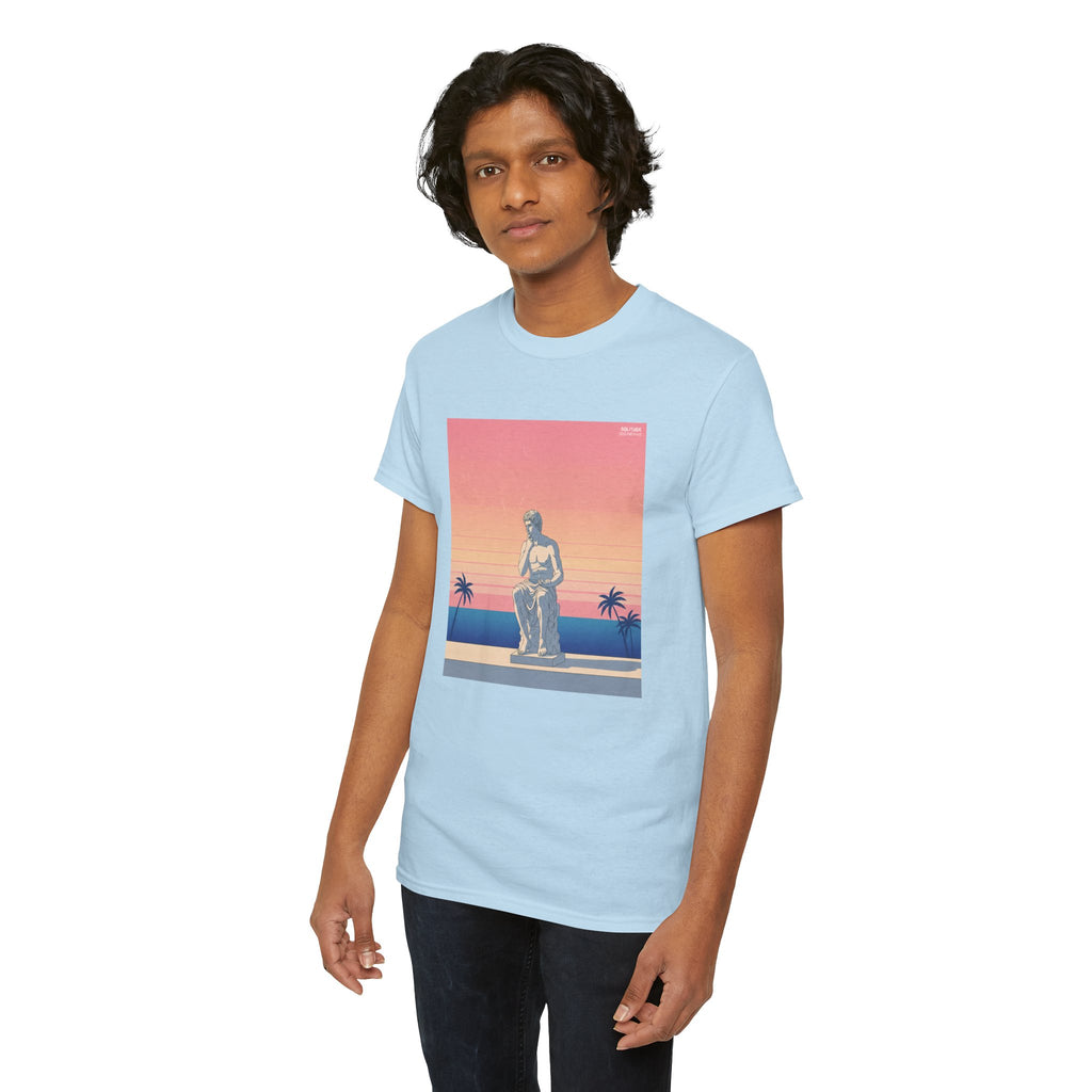 Retro Sunset Statue T-Shirt — Vaporwave Beach Graphic Tee