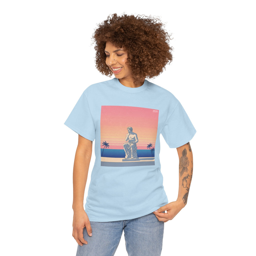 Retro Sunset Statue T-Shirt — Vaporwave Beach Graphic Tee