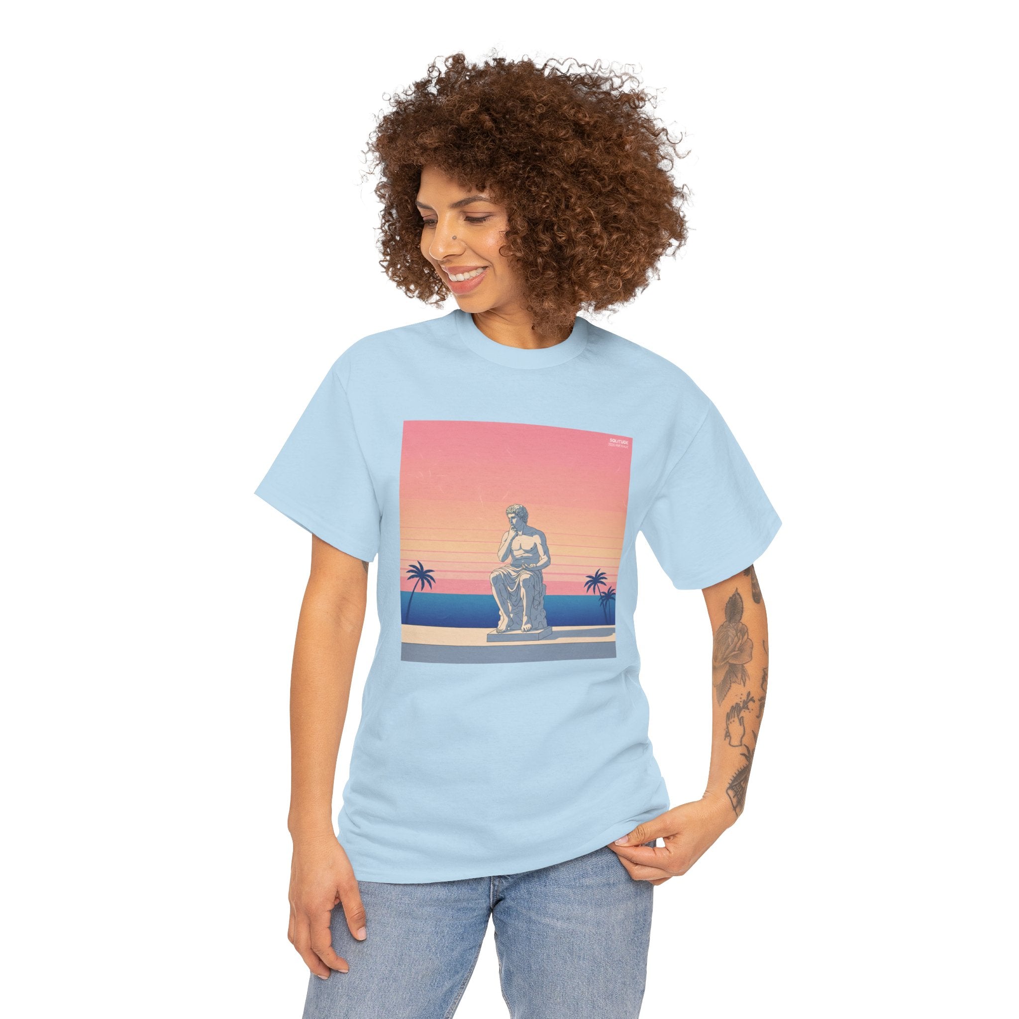Retro Sunset Statue T-Shirt — Vaporwave Beach Graphic Tee