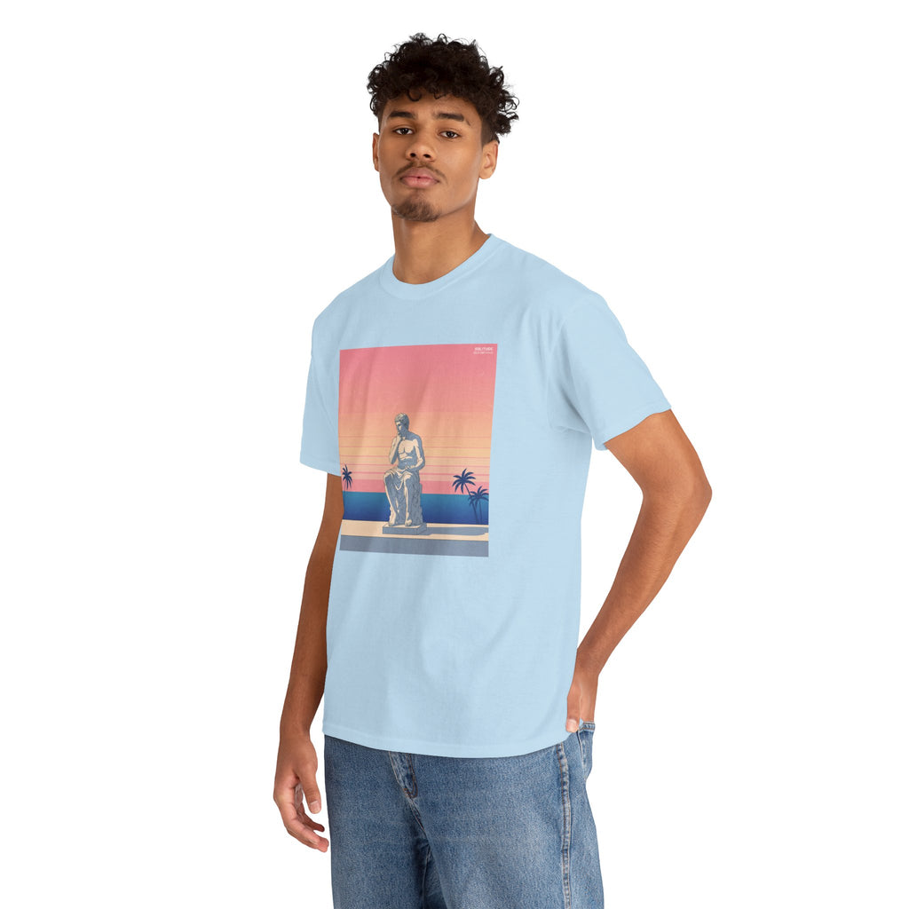 Retro Sunset Statue T-Shirt — Vaporwave Beach Graphic Tee