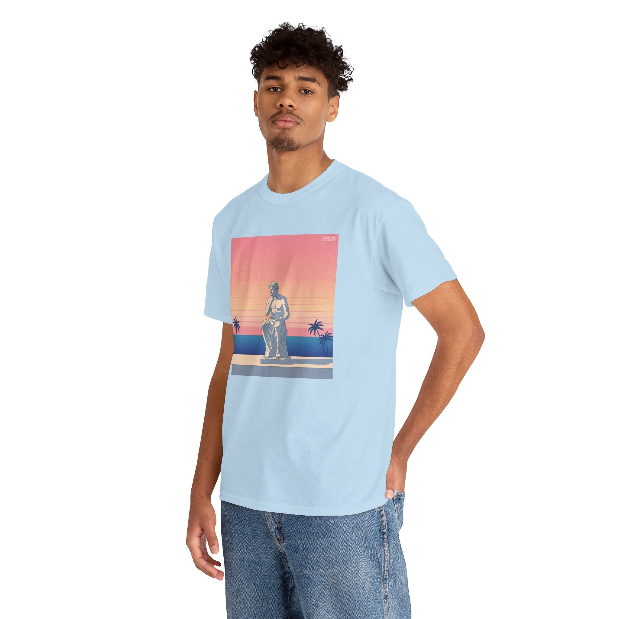 Retro Sunset Statue T-Shirt — Vaporwave Beach Graphic Tee