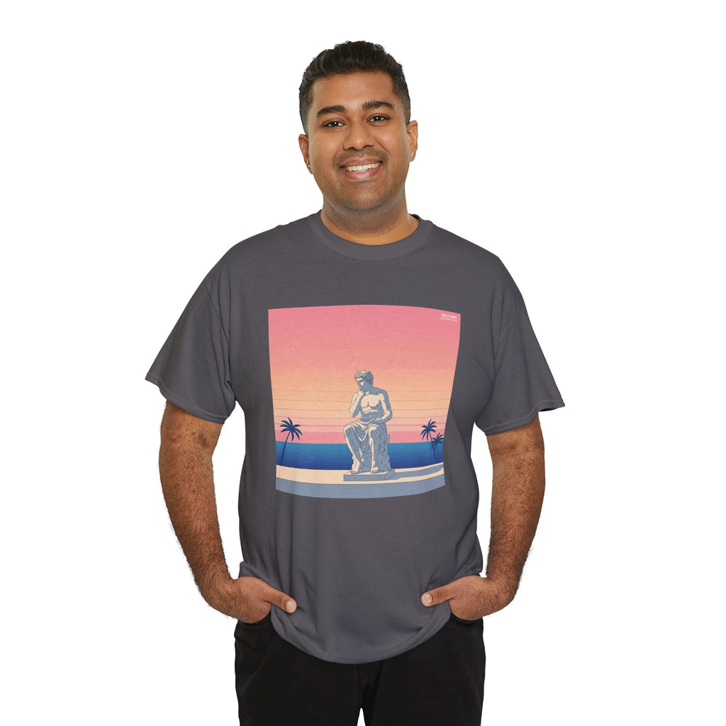 Retro Sunset Statue T-Shirt — Vaporwave Beach Graphic Tee