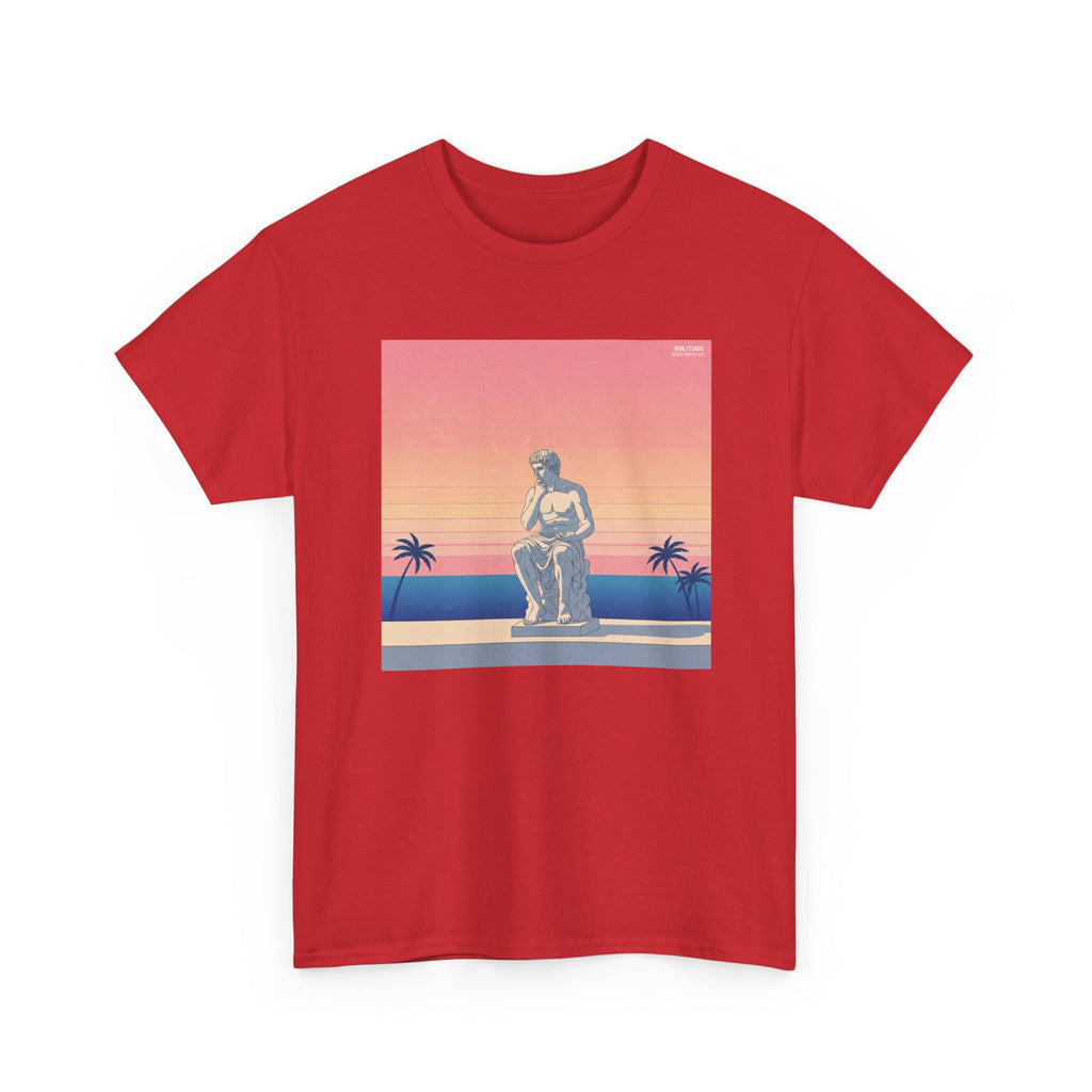 Retro Sunset Statue T-Shirt — Vaporwave Beach Graphic Tee
