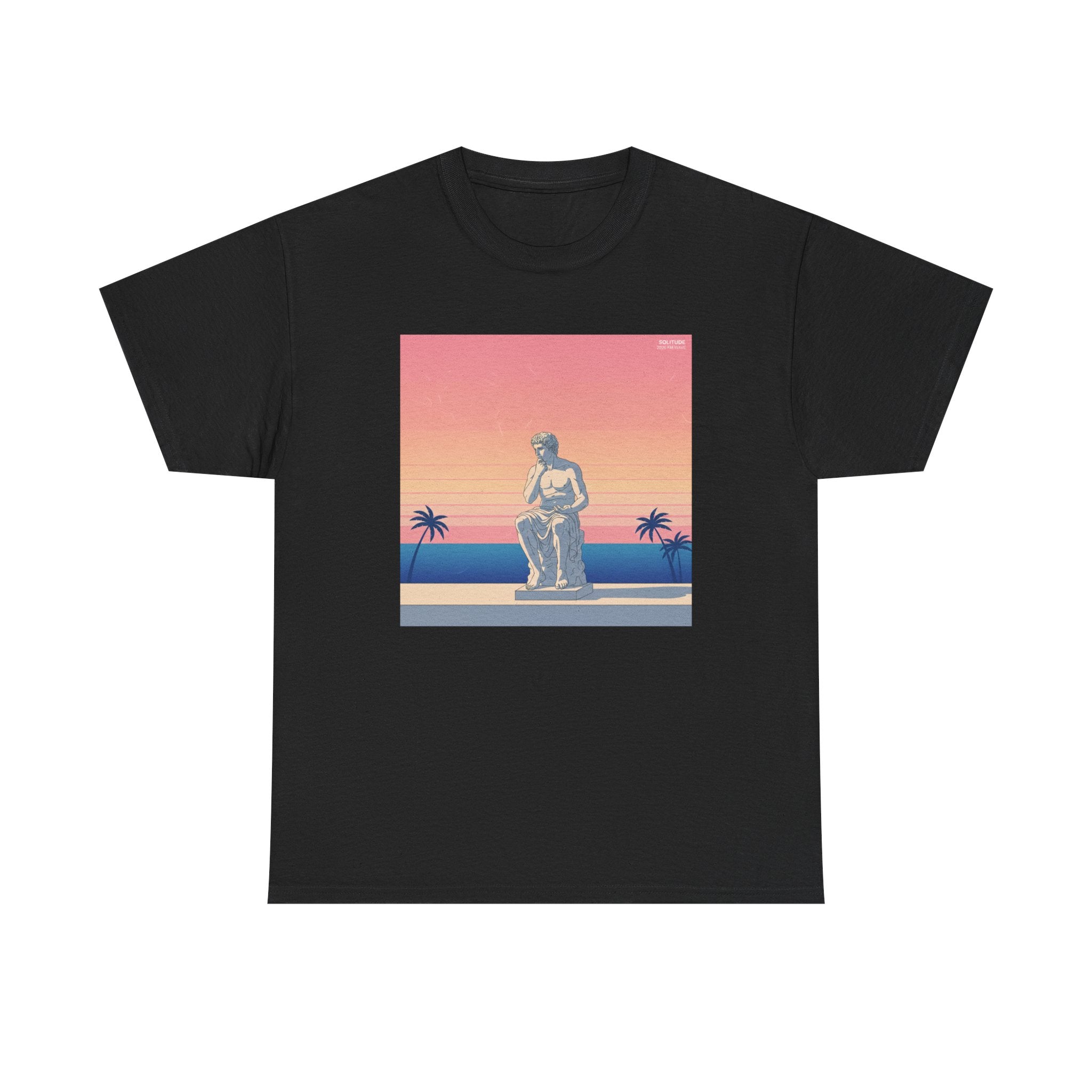 Retro Sunset Statue T-Shirt — Vaporwave Beach Graphic Tee