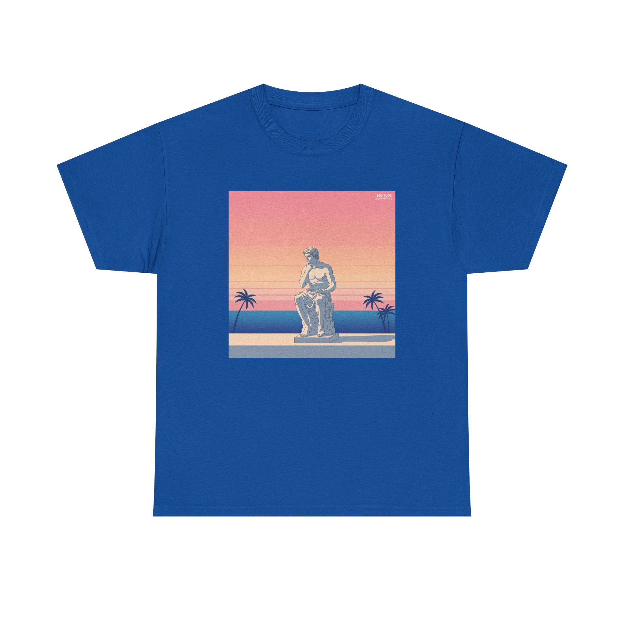 Retro Sunset Statue T-Shirt — Vaporwave Beach Graphic Tee