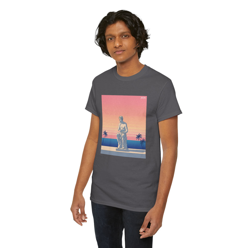 Retro Sunset Statue T-Shirt — Vaporwave Beach Graphic Tee