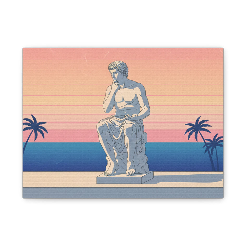 Sunset Statue Canvas Wall Art — Retro Coastal Greek Sculpture Print