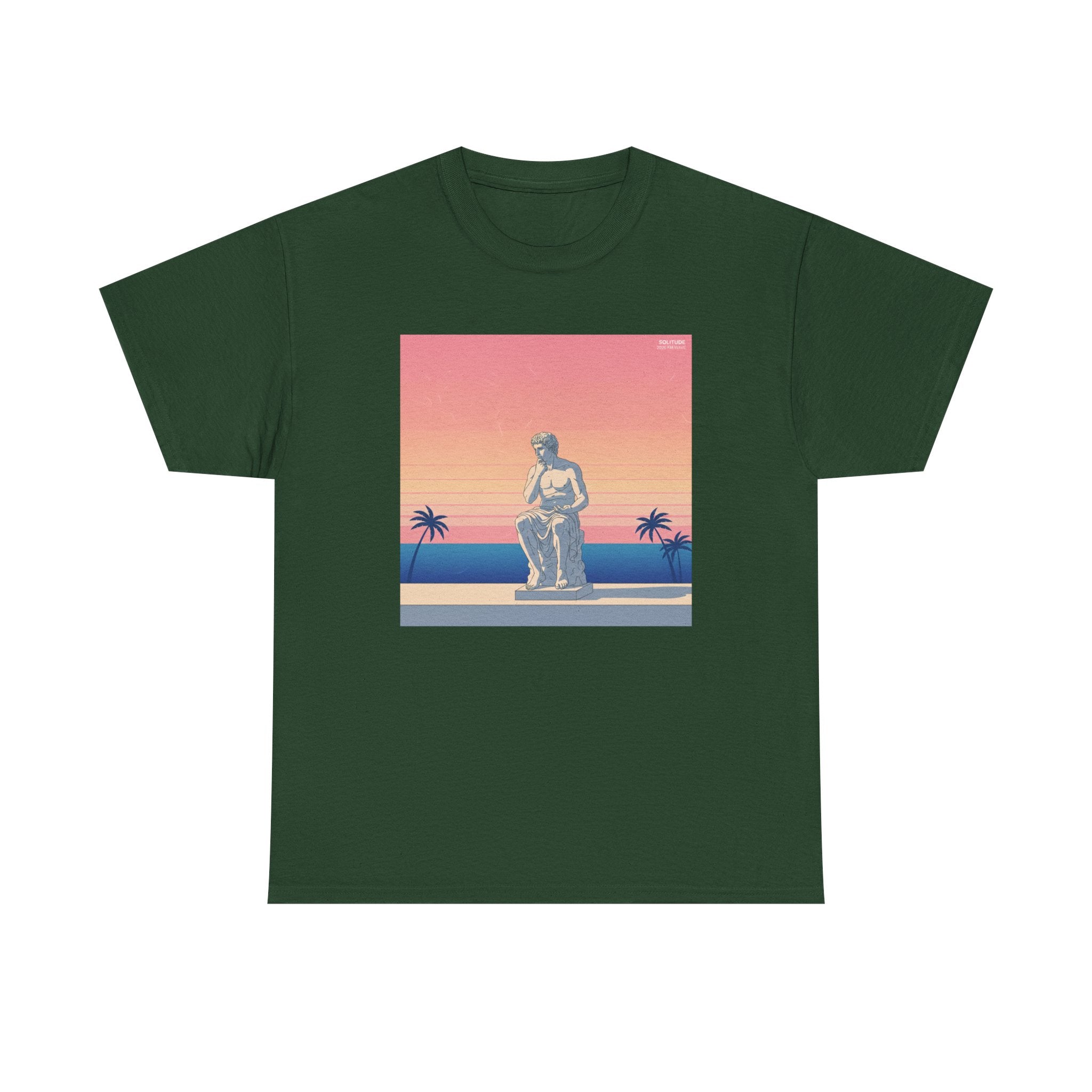Retro Sunset Statue T-Shirt — Vaporwave Beach Graphic Tee