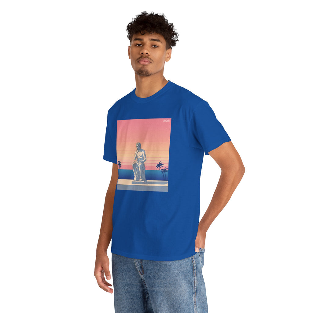 Retro Sunset Statue T-Shirt — Vaporwave Beach Graphic Tee