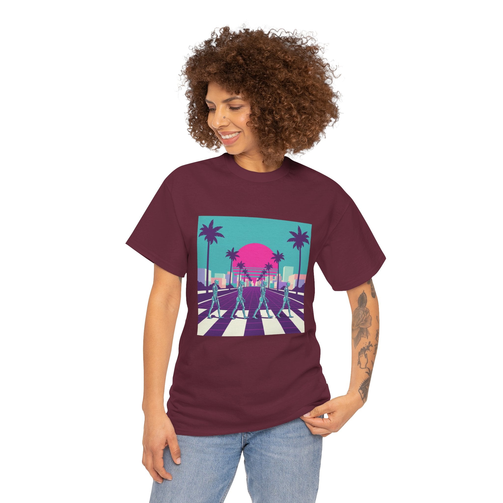Retro Sunset Beach Tee — Vaporwave Palm Tree Skate Crossing T-Shirt