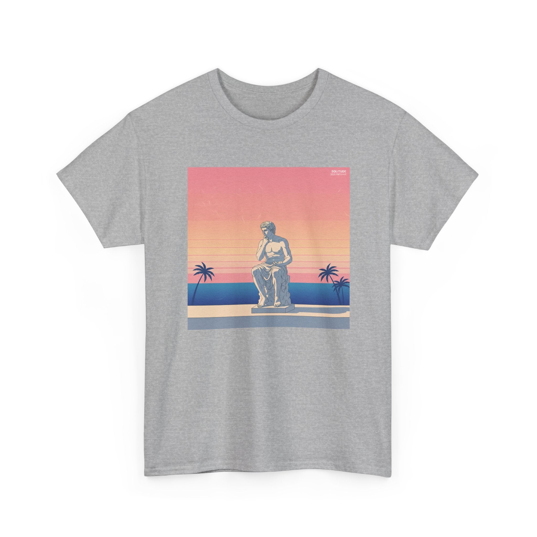 Retro Sunset Statue T-Shirt — Vaporwave Beach Graphic Tee