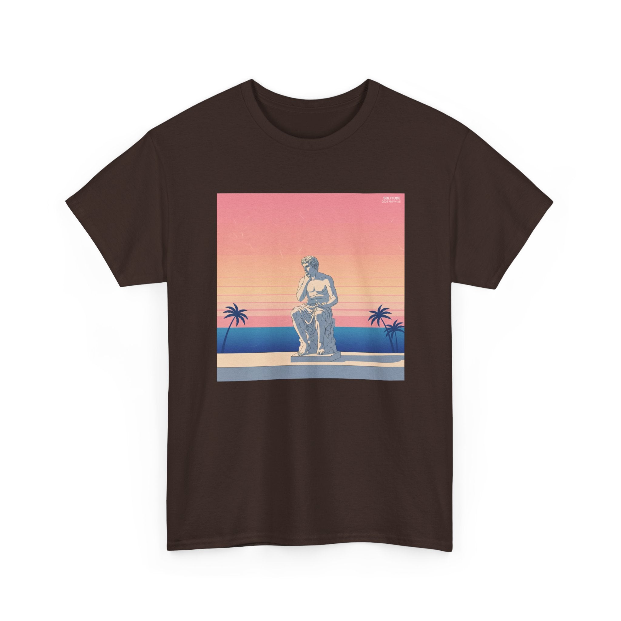 Retro Sunset Statue T-Shirt — Vaporwave Beach Graphic Tee