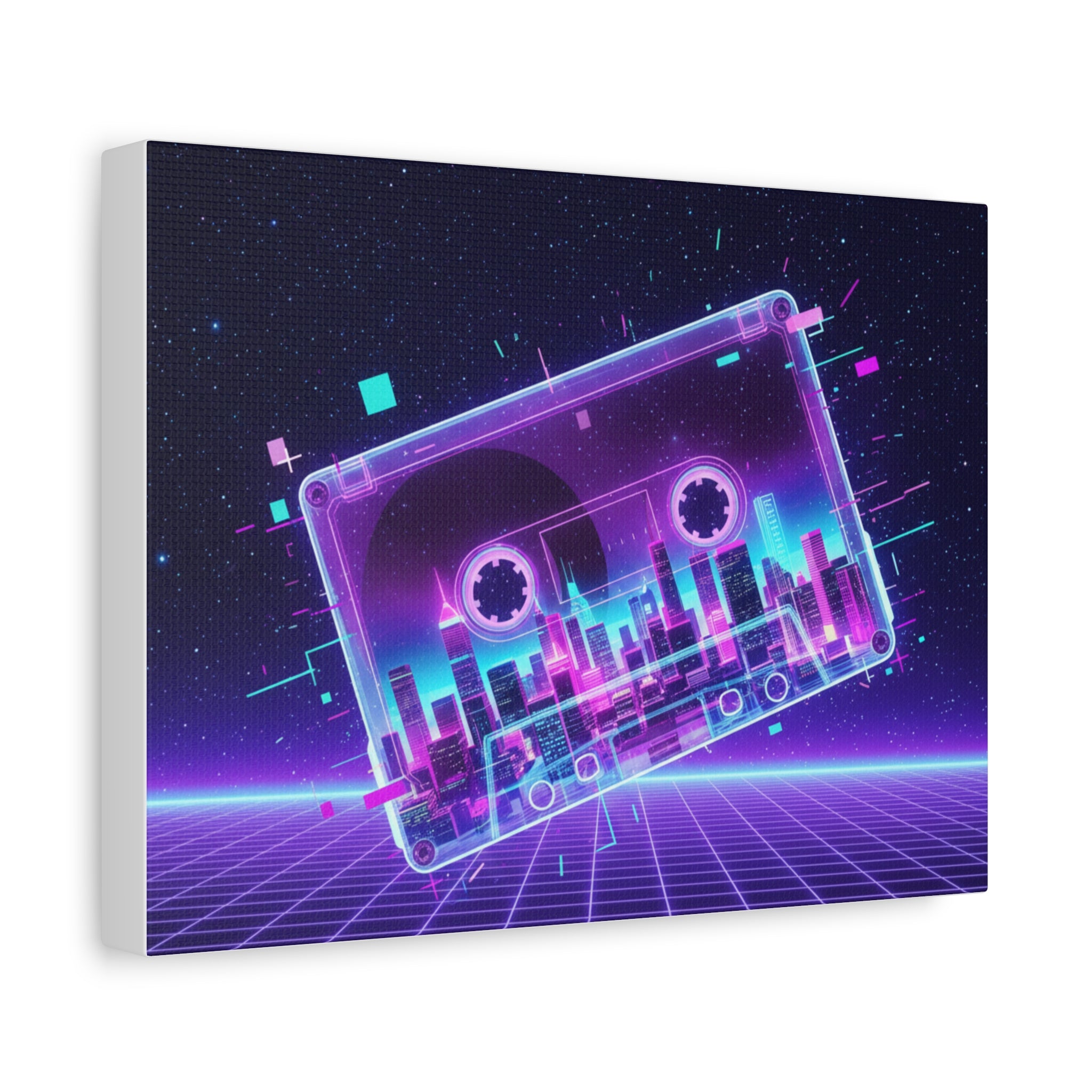 Retro Cassette City Canvas Print — 80s Synthwave Wall Art
