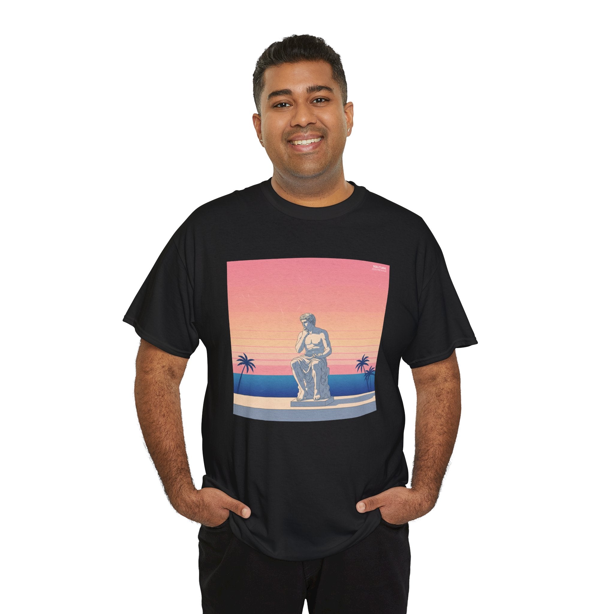Retro Sunset Statue T-Shirt — Vaporwave Beach Graphic Tee