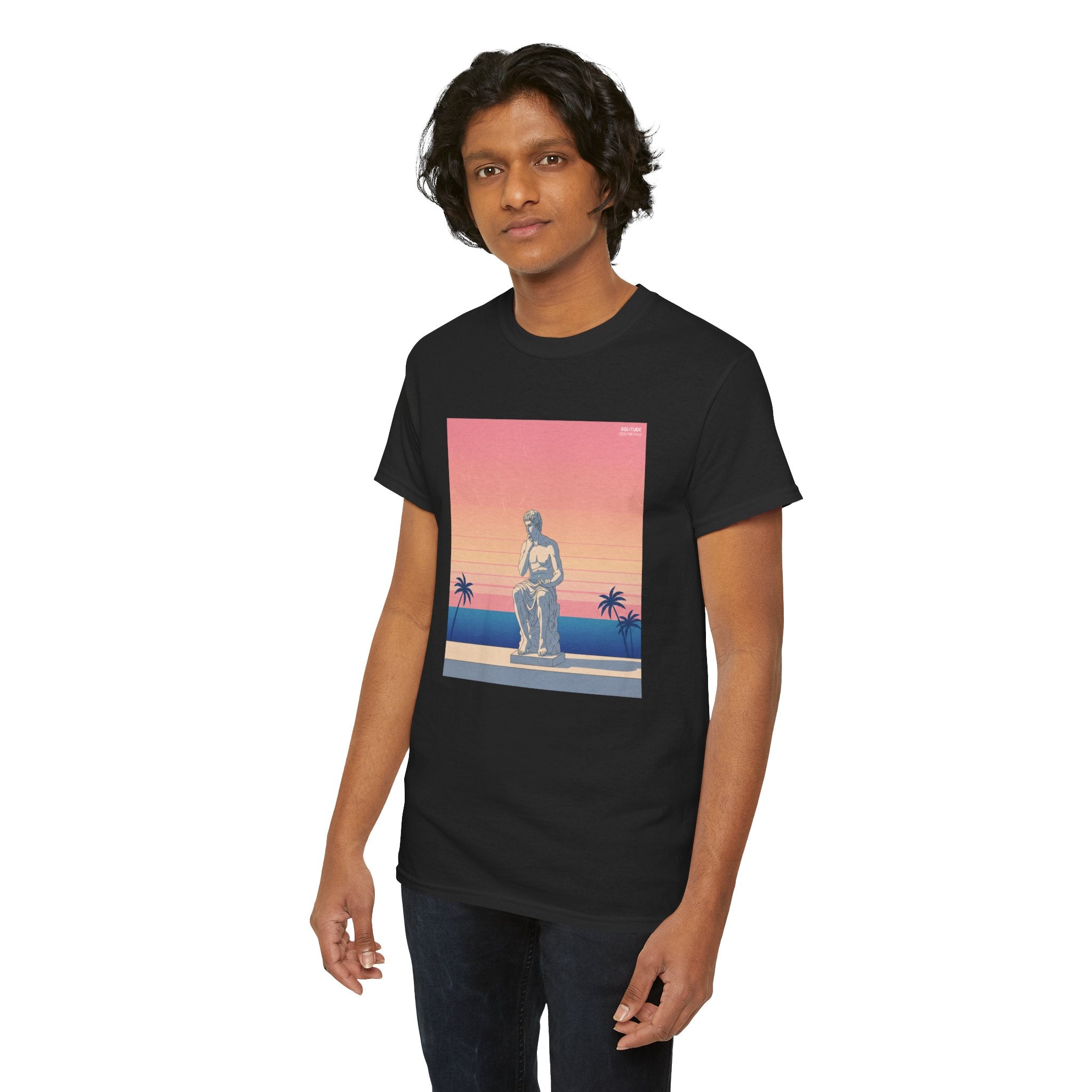 Retro Sunset Statue T-Shirt — Vaporwave Beach Graphic Tee