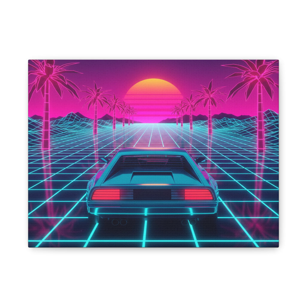 Canvas Wall Art — Retro 80s Synthwave Car Sunset