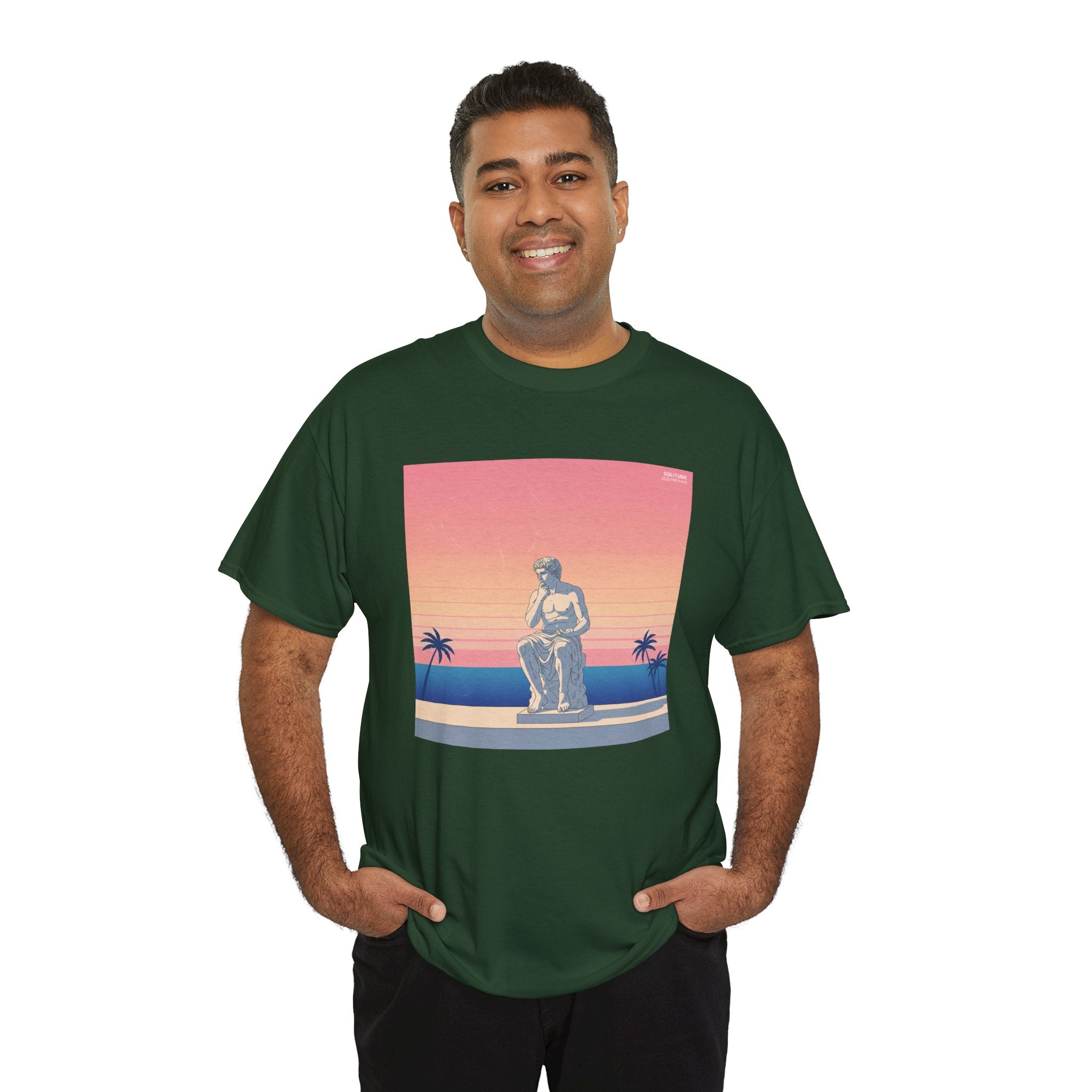 Retro Sunset Statue T-Shirt — Vaporwave Beach Graphic Tee