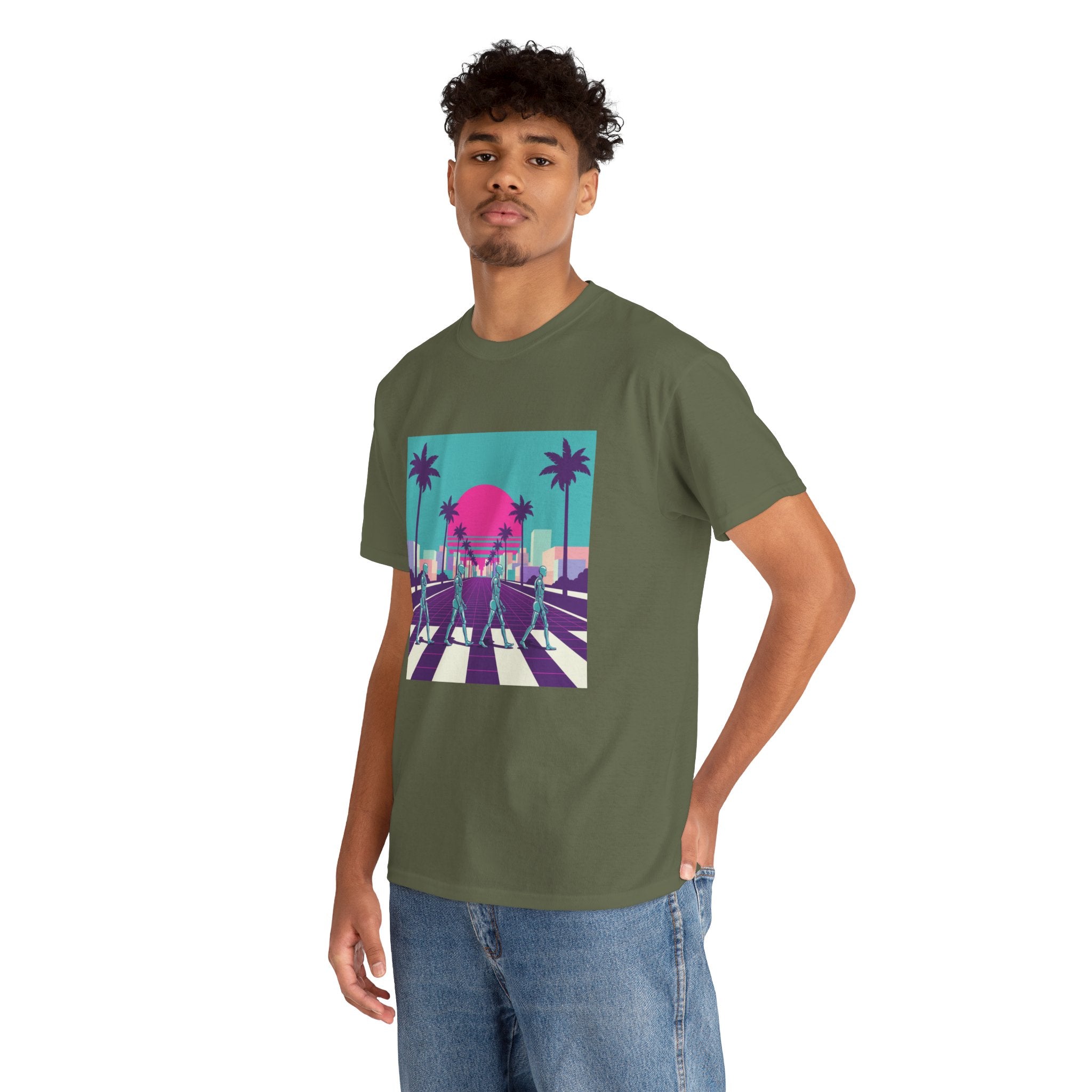 Retro Sunset Beach Tee — Vaporwave Palm Tree Skate Crossing T-Shirt