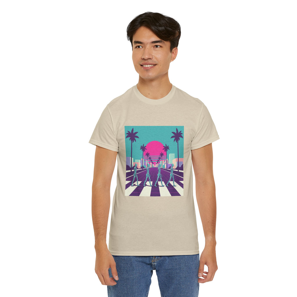 Retro Sunset Beach Tee — Vaporwave Palm Tree Skate Crossing T-Shirt