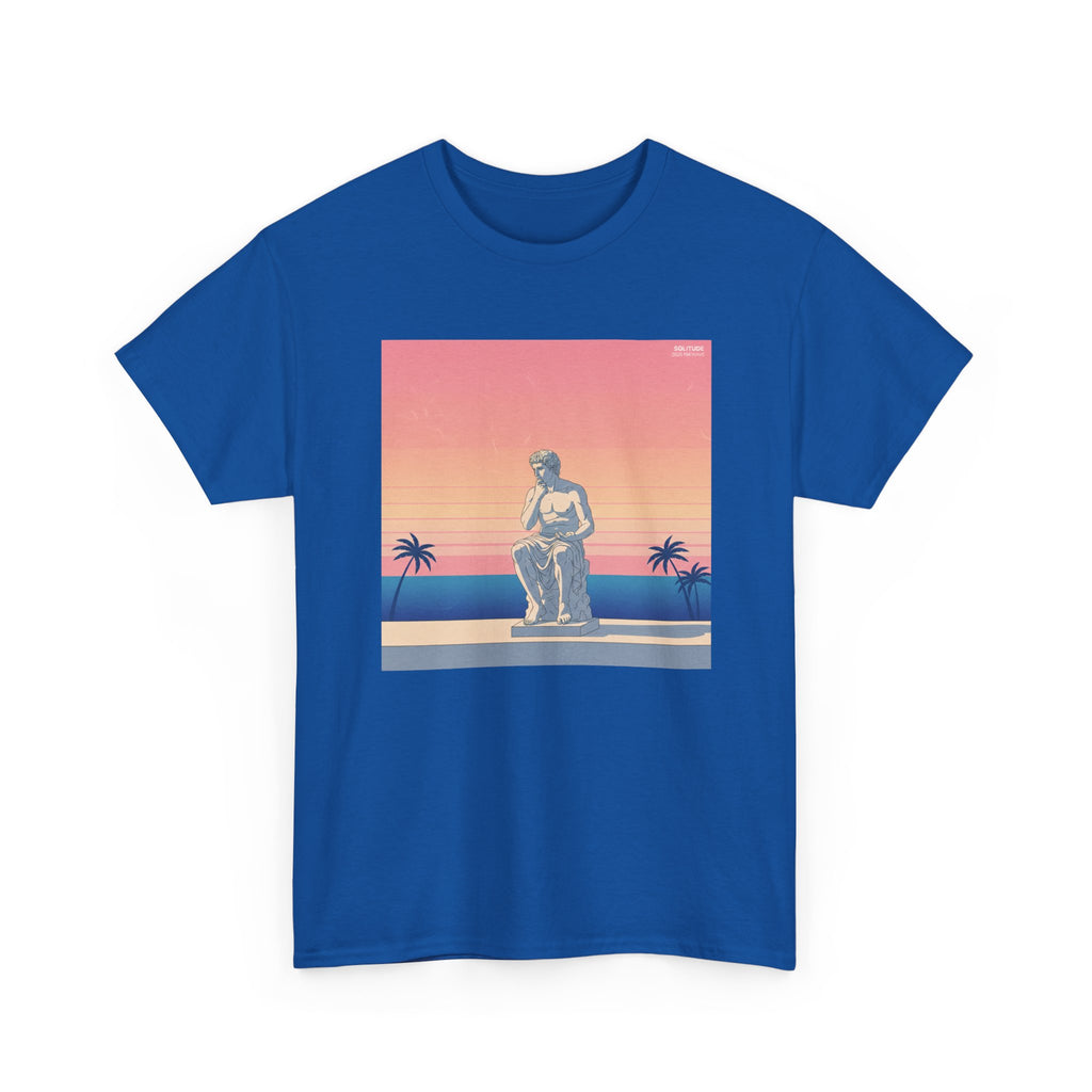 Retro Sunset Statue T-Shirt — Vaporwave Beach Graphic Tee