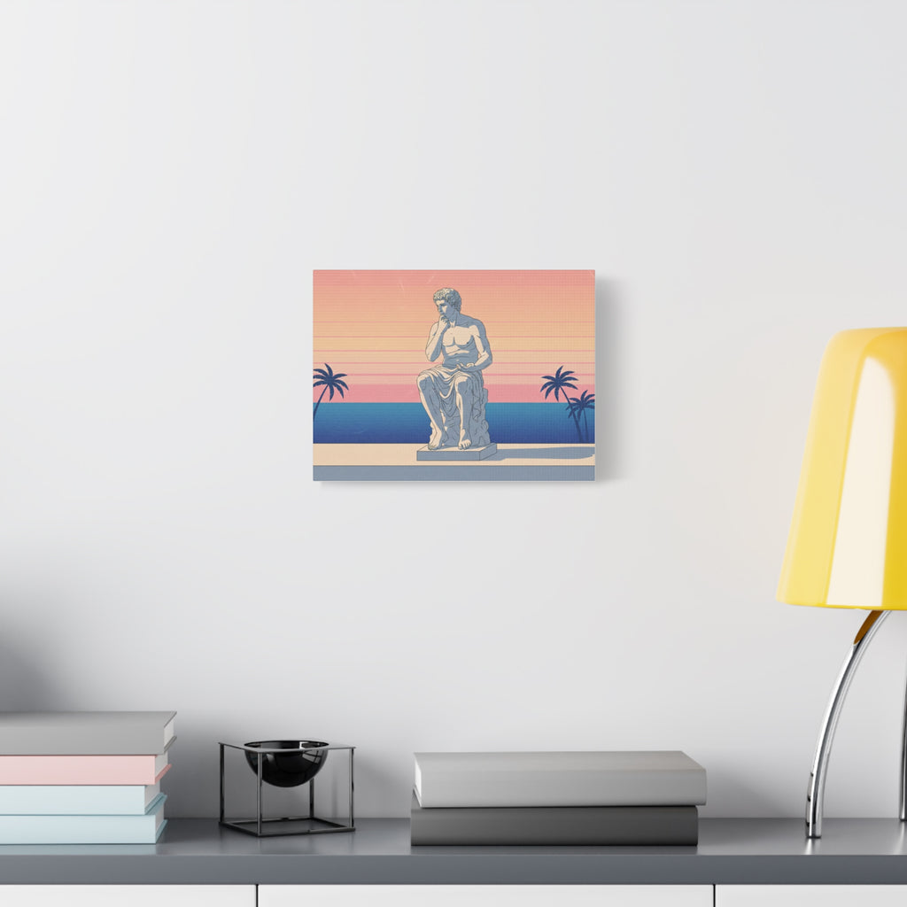 Sunset Statue Canvas Wall Art — Retro Coastal Greek Sculpture Print