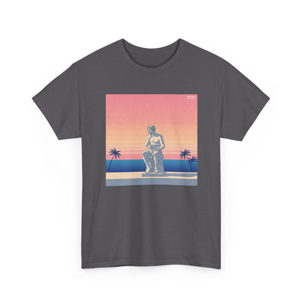 Retro Sunset Statue T-Shirt — Vaporwave Beach Graphic Tee