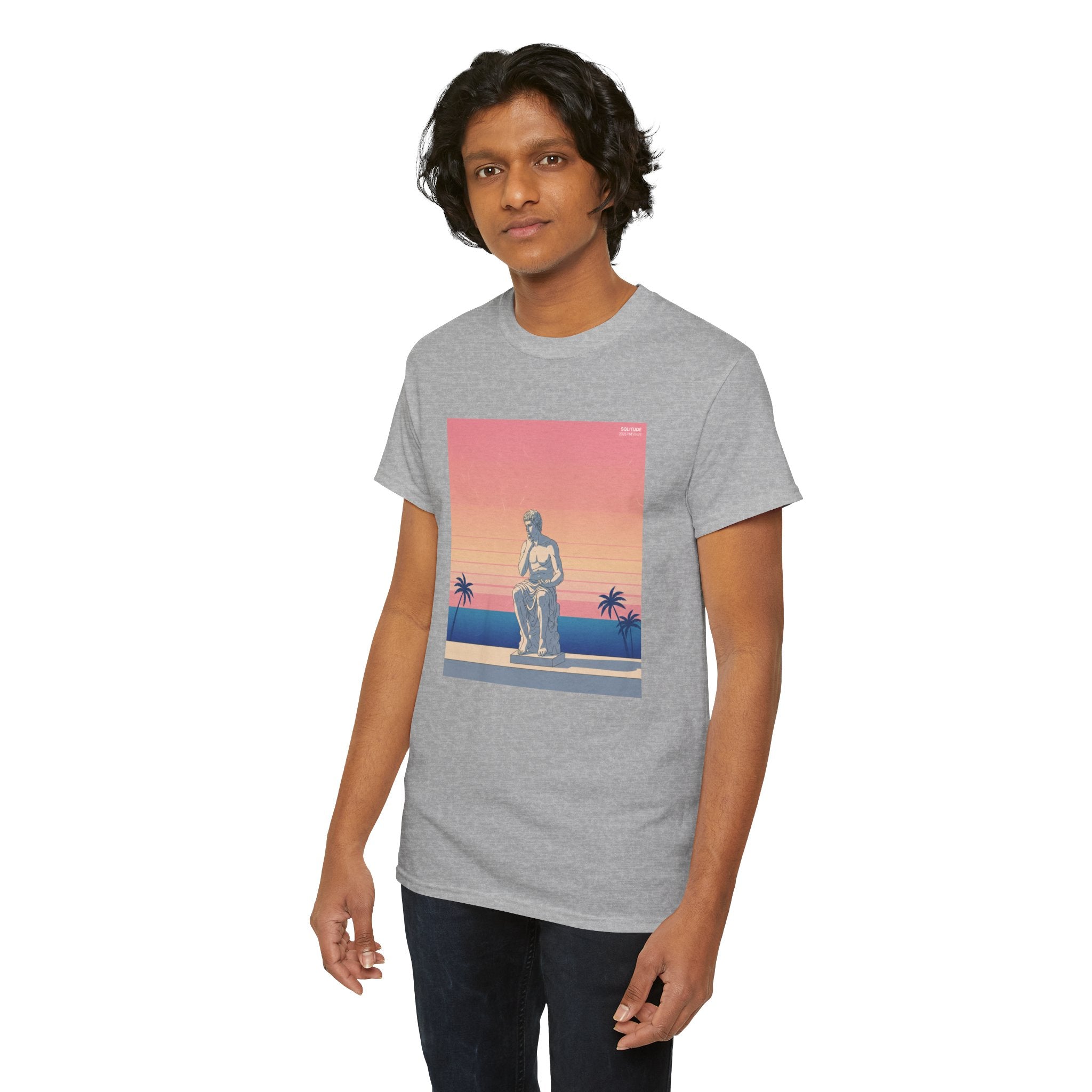 Retro Sunset Statue T-Shirt — Vaporwave Beach Graphic Tee