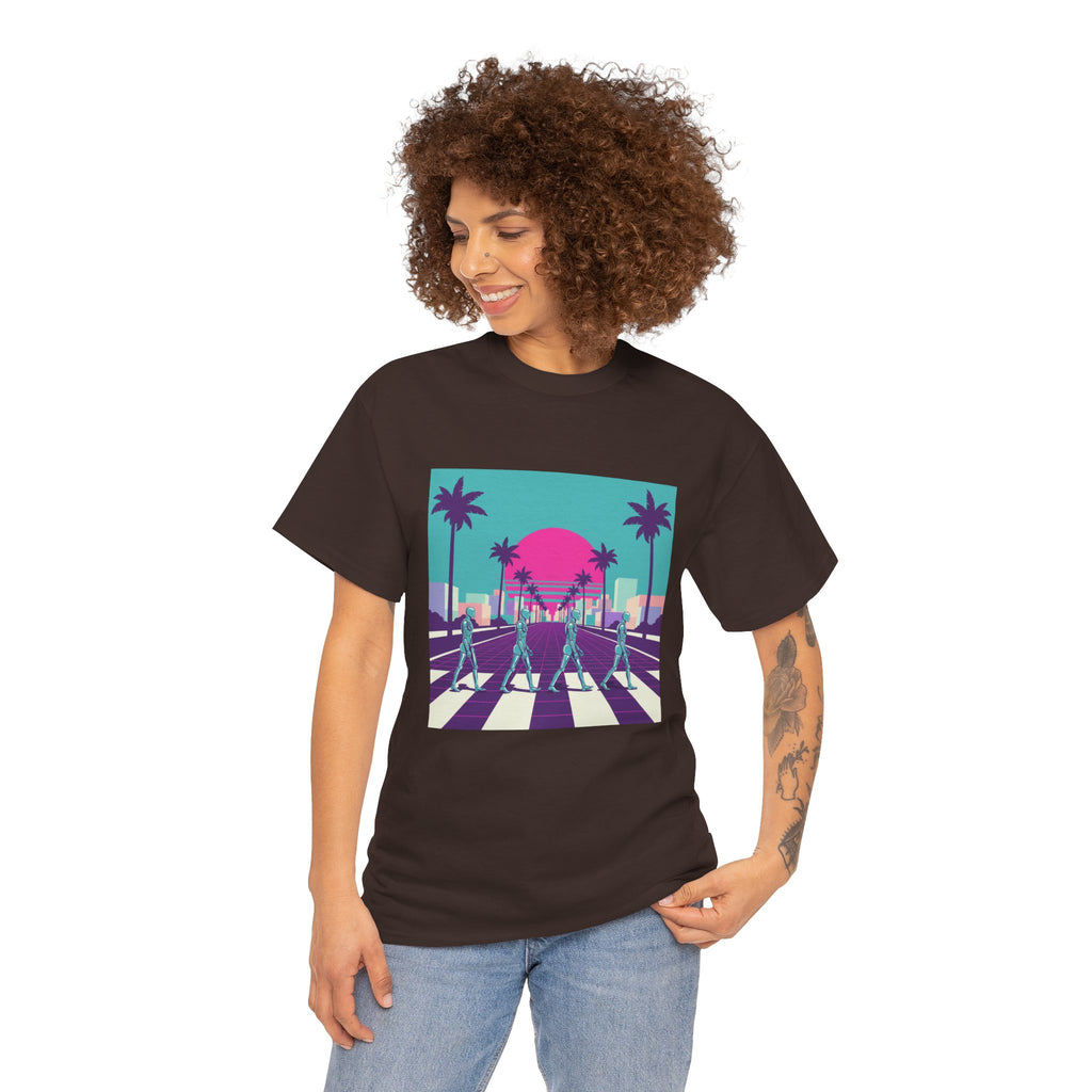 Retro Sunset Beach Tee — Vaporwave Palm Tree Skate Crossing T-Shirt
