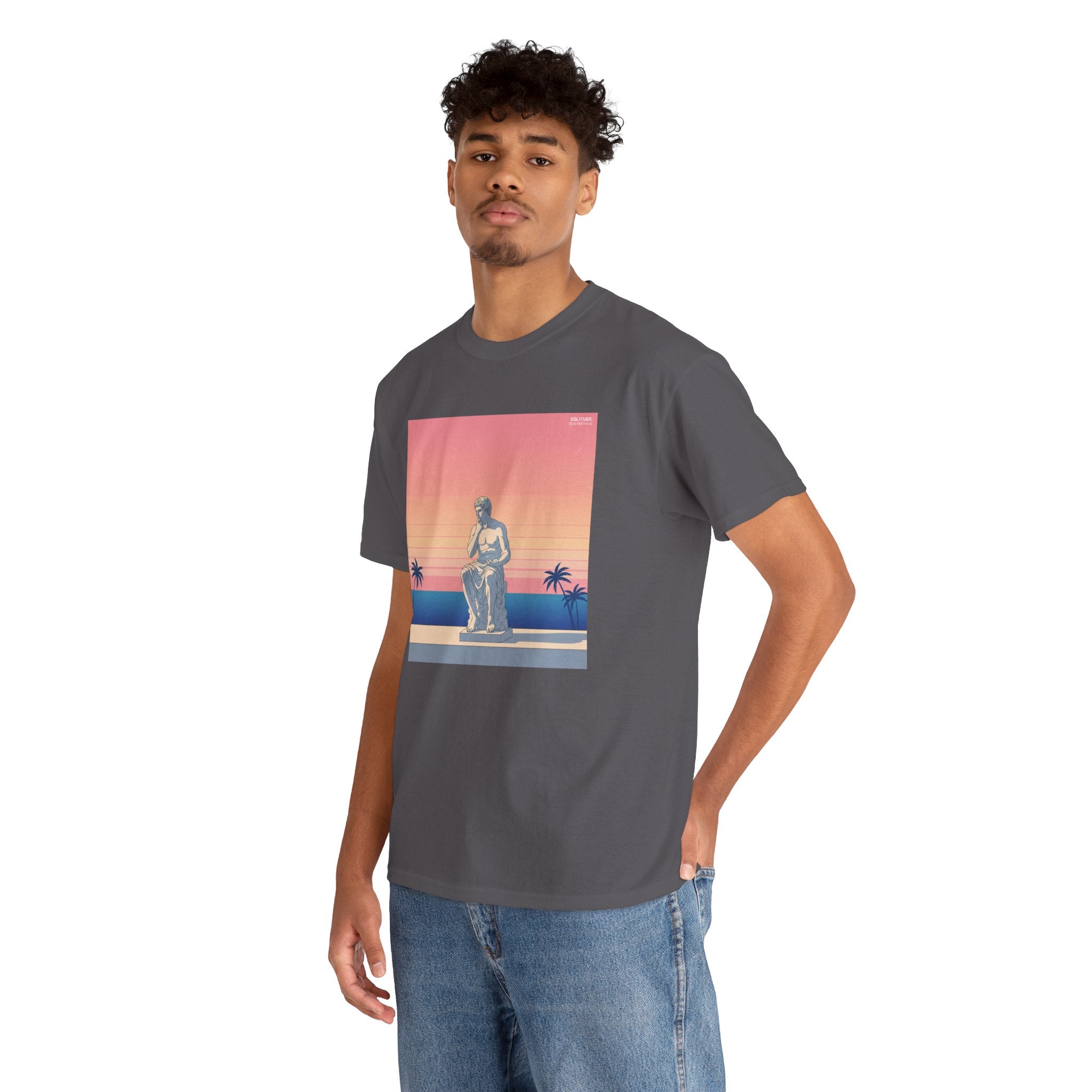 Retro Sunset Statue T-Shirt — Vaporwave Beach Graphic Tee