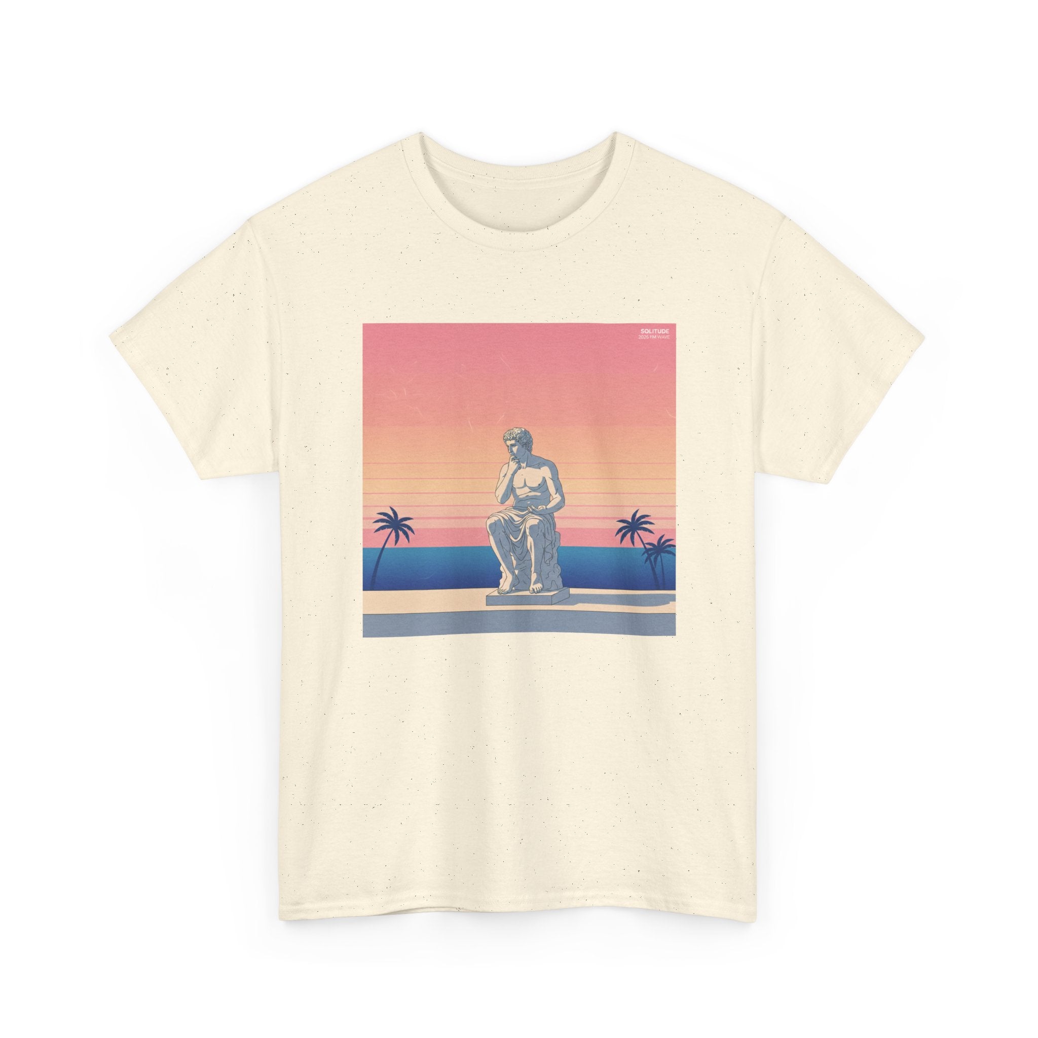 Retro Sunset Statue T-Shirt — Vaporwave Beach Graphic Tee