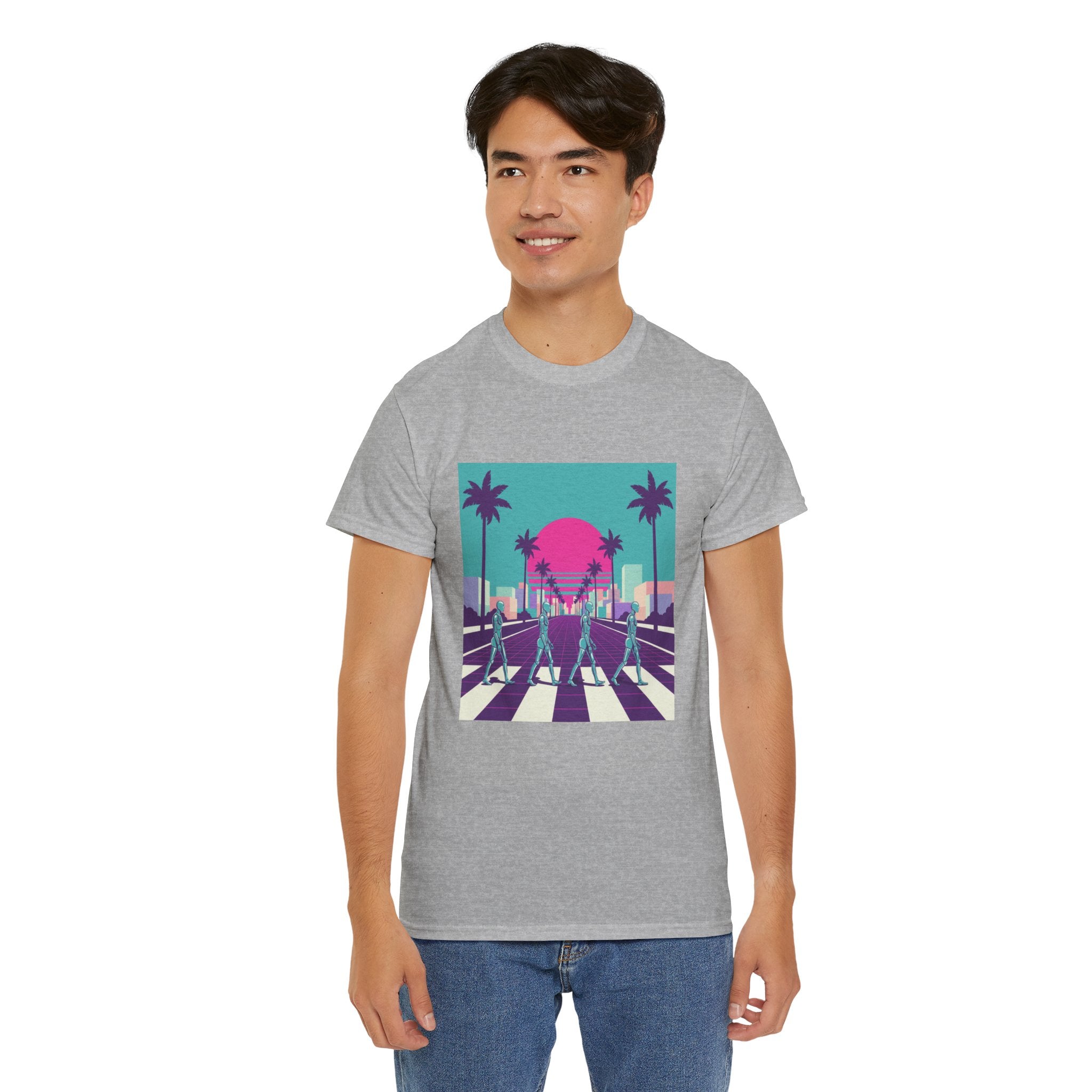 Retro Sunset Beach Tee — Vaporwave Palm Tree Skate Crossing T-Shirt