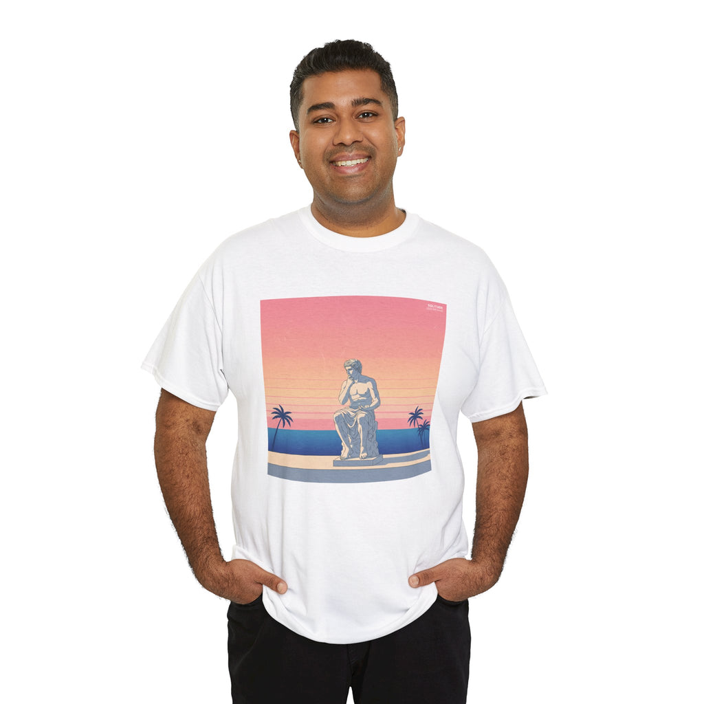 Retro Sunset Statue T-Shirt — Vaporwave Beach Graphic Tee