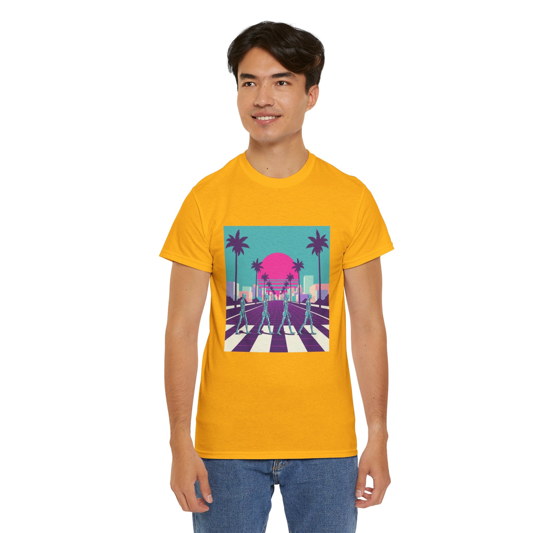 Retro Sunset Beach Tee — Vaporwave Palm Tree Skate Crossing T-Shirt