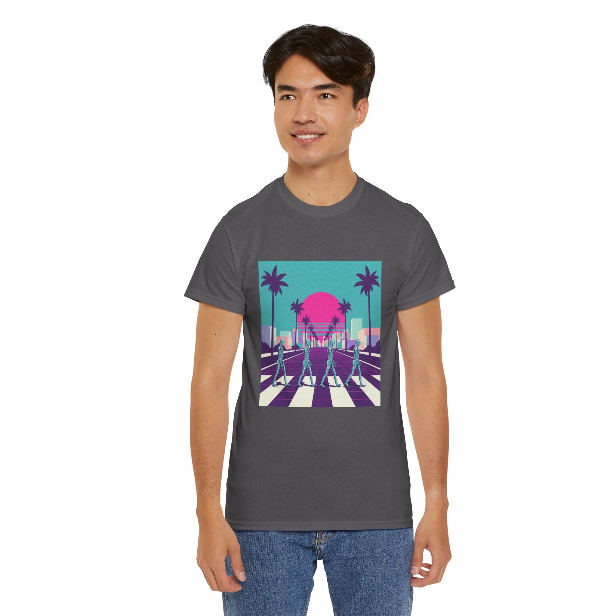 Retro Sunset Beach Tee — Vaporwave Palm Tree Skate Crossing T-Shirt