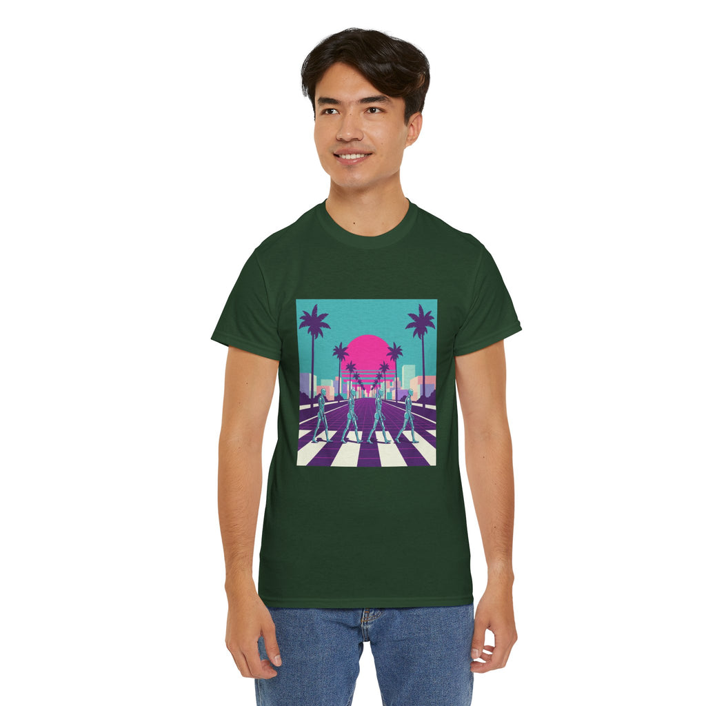Retro Sunset Beach Tee — Vaporwave Palm Tree Skate Crossing T-Shirt